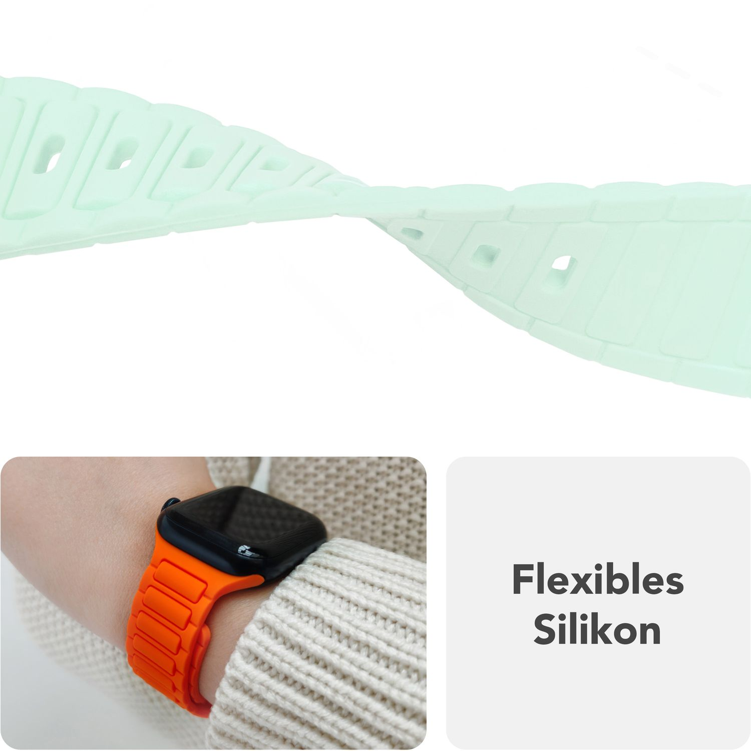Zwei Bilder eines flexiblen Apple Watch Armbands. Das Band ist orange und flexibel.