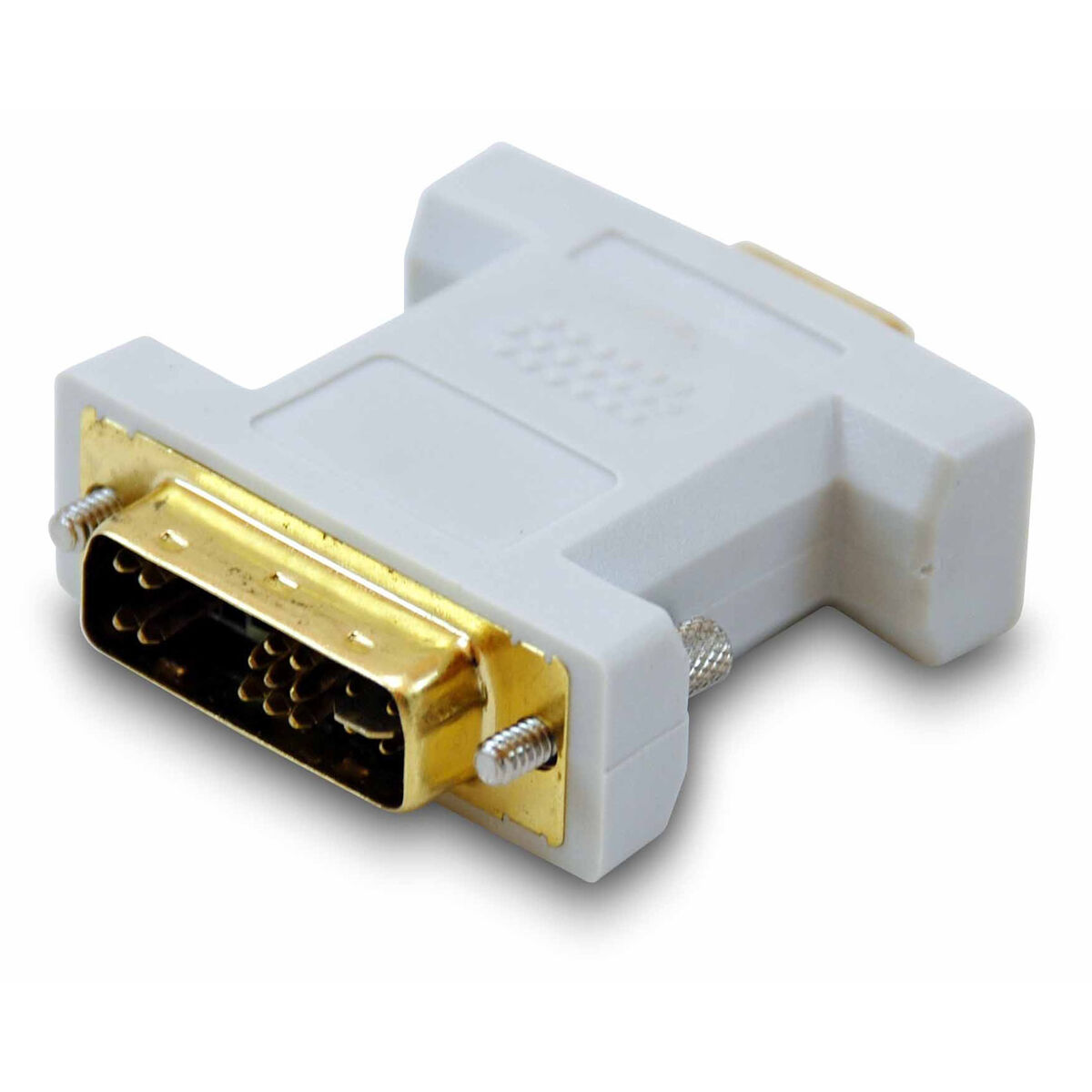 Un adattatore da DVI a DVI grigio. Ha un corpo bianco con connettori e viti dorate.