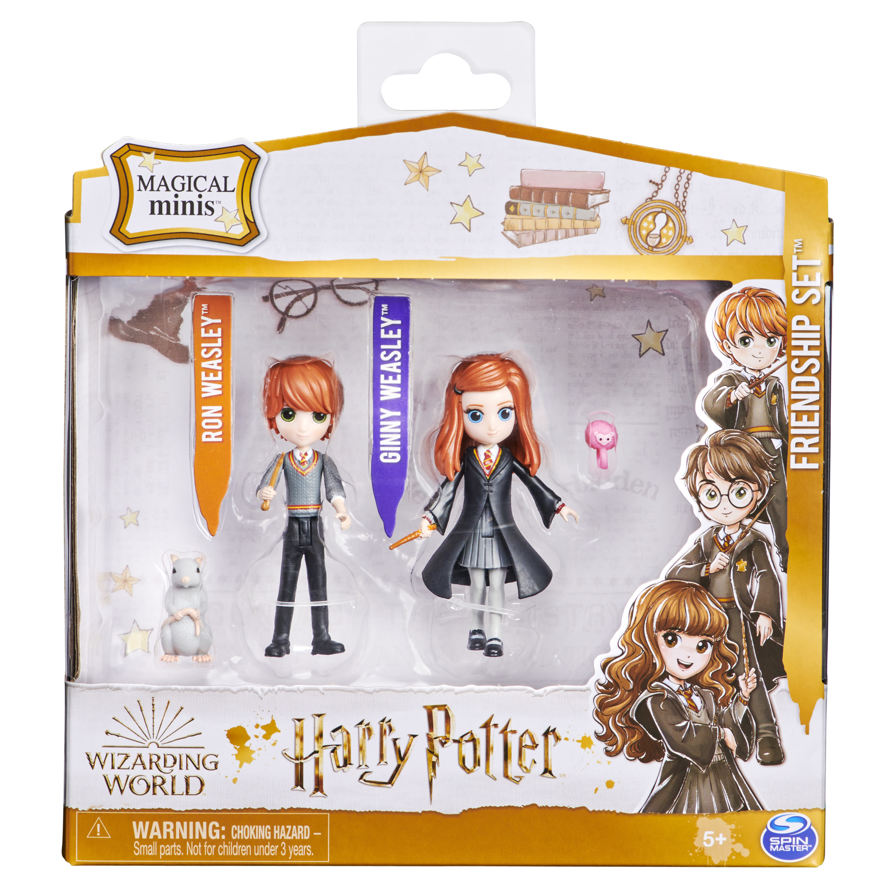 Pudełko zestawu Harry Potter Magical Minis z Ronem, Ginny i akcesoriami na białym tle.