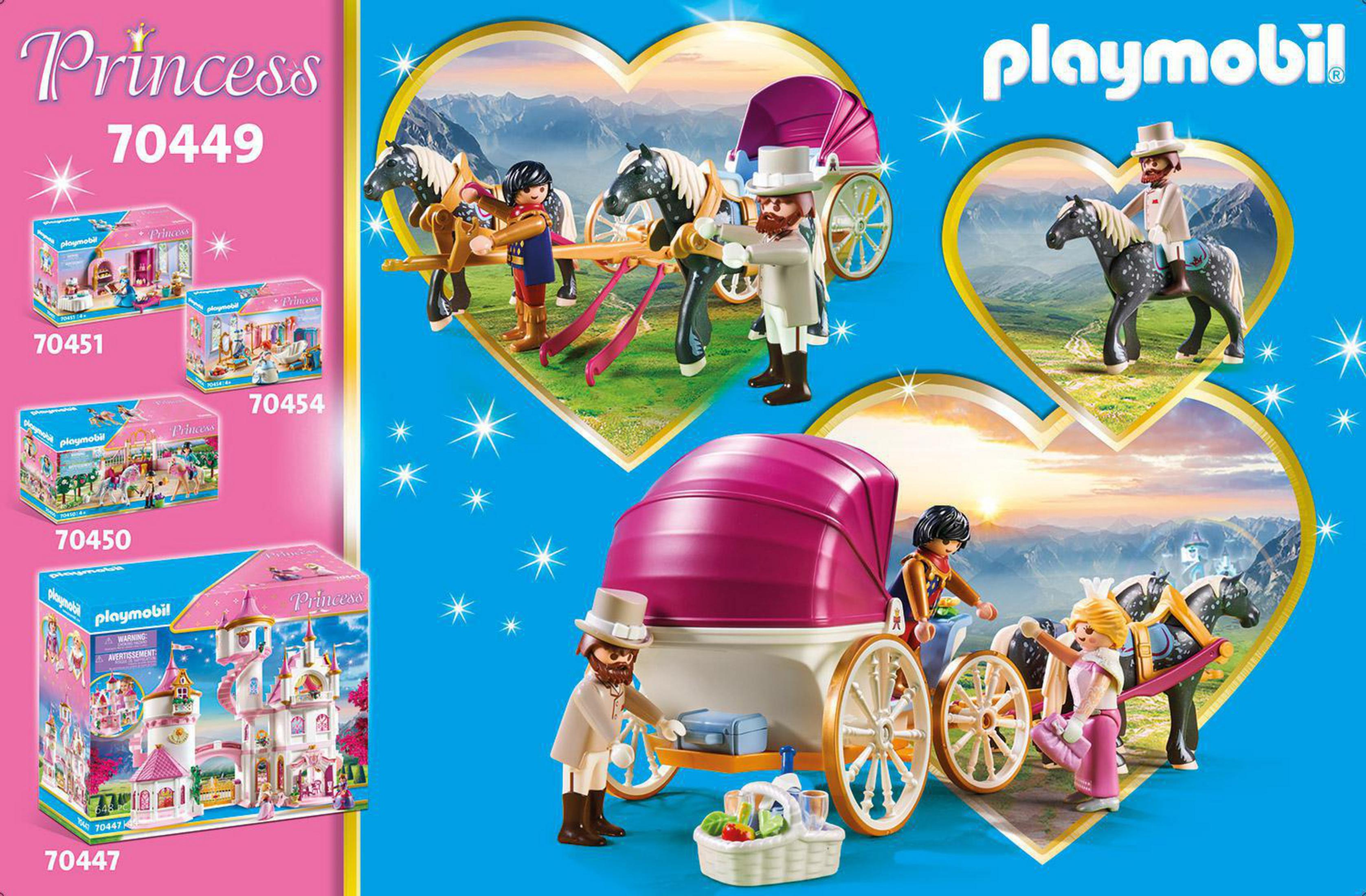 Jouets Playmobil Princesse, avec boîtes, une calèche. Le fond est bleu et blanc.
