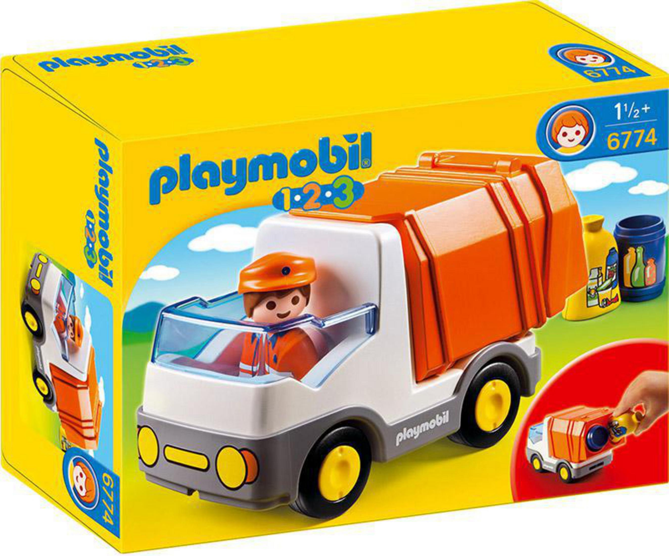 Zabawka śmieciarka Playmobil z pudełkiem. Tło jest żółto-zielone.