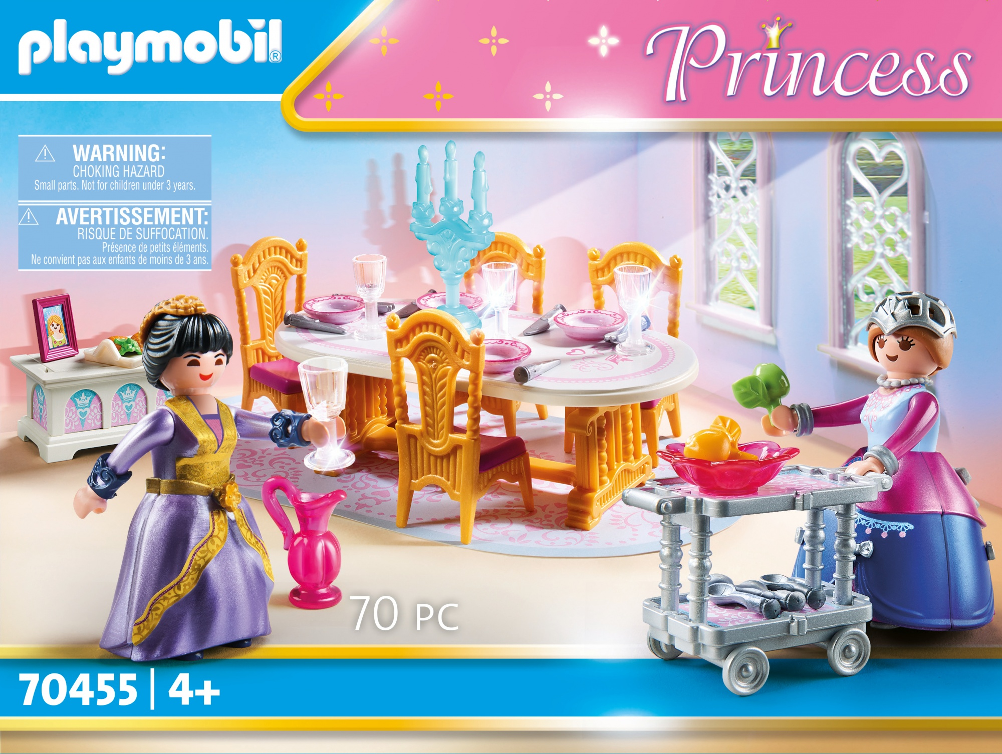 Set Playmobil Princesa: figuras, mesa, sillas y accesorios. Figura de princesa y dama con bandeja en primer plano.