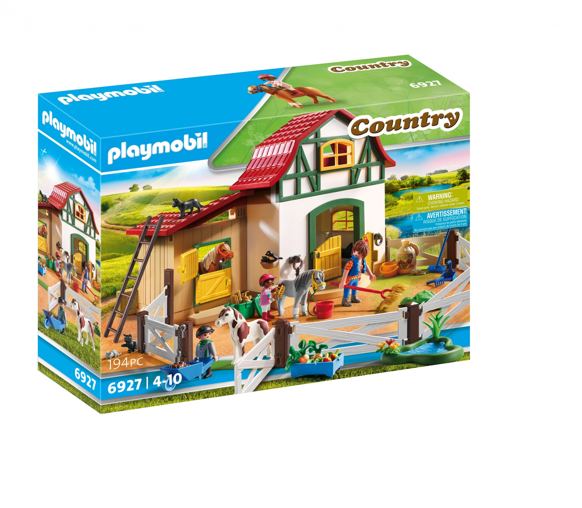 Set scatola Playmobil Country con una scena di fattoria. Contiene personaggi, animali e un edificio con il tetto rosso.