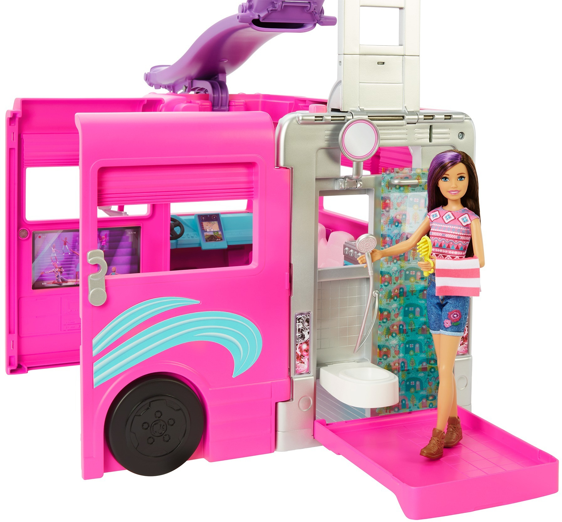Camper Barbie rosa aperto. Una bambola si lava in bagno.