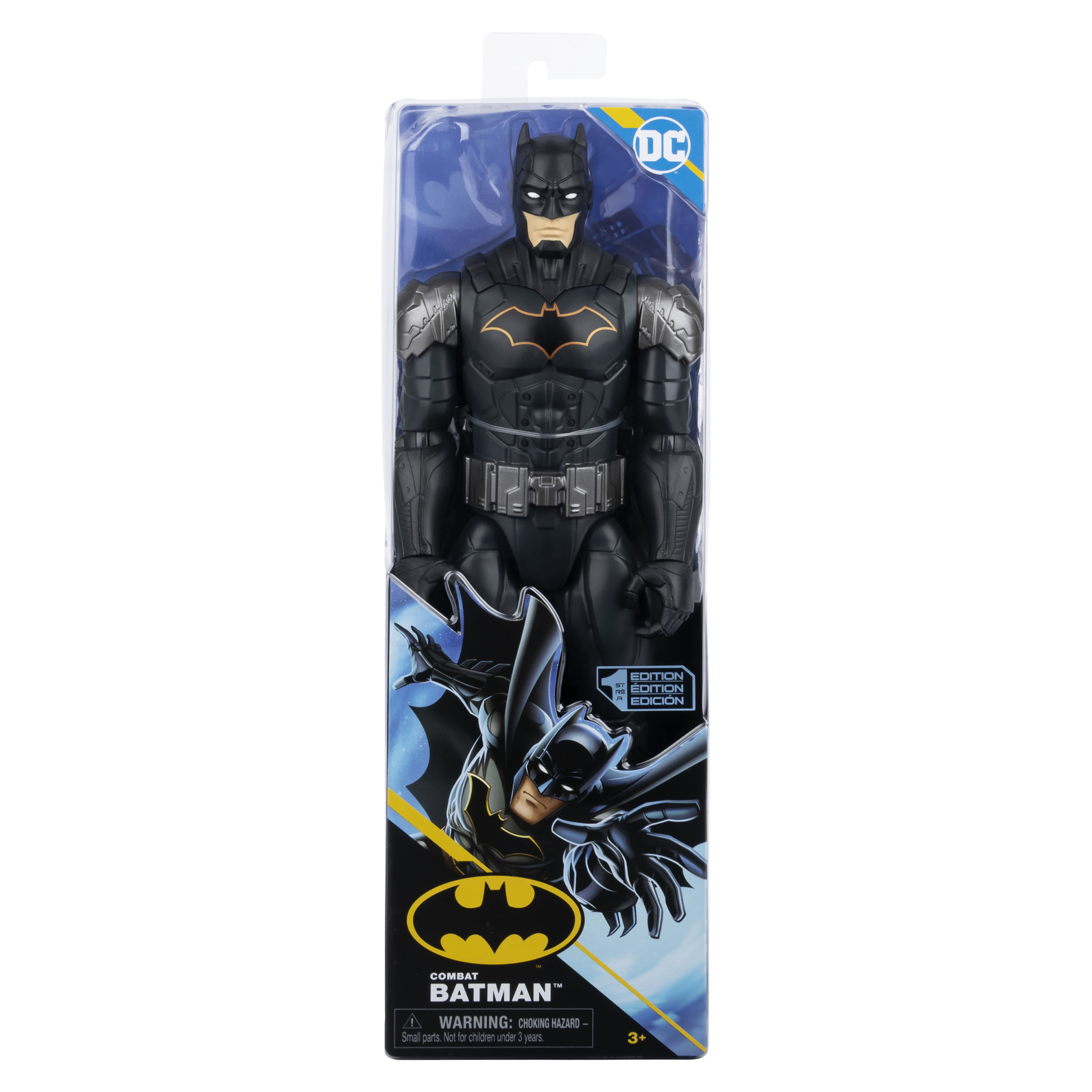 Figura de acción de Batman en paquete. Traje negro con armadura y símbolo de murciélago.