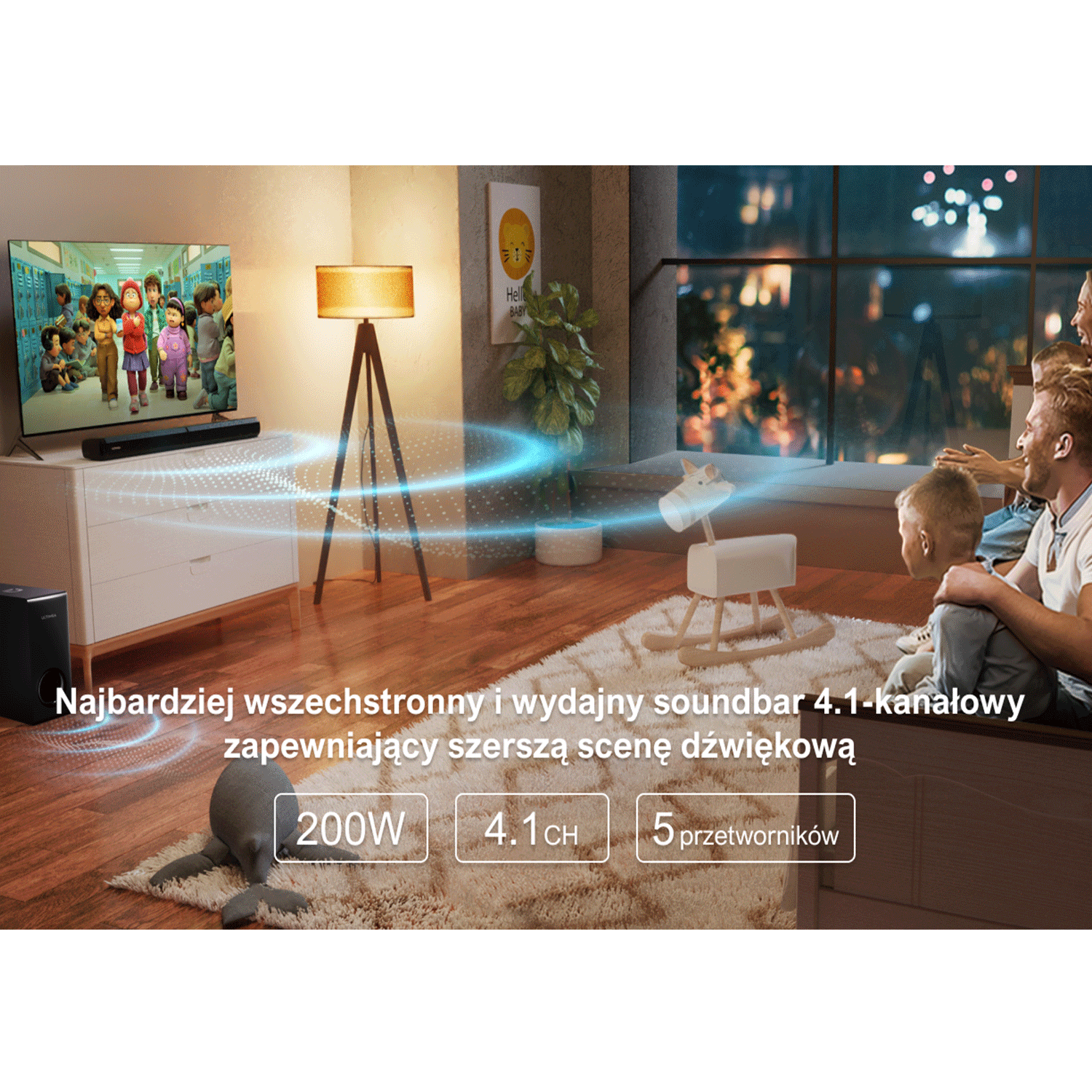 Salon z TV, soundbarem, rodziną i lampą. Tekst: soundbar 4.1.
