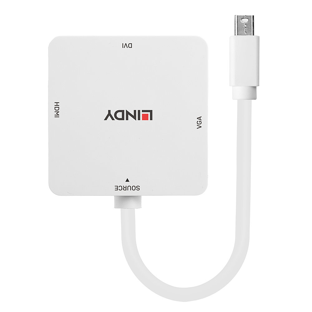 Adattatore bianco con porte HDMI, DVI e VGA e cavo bianco. Sfondo bianco.