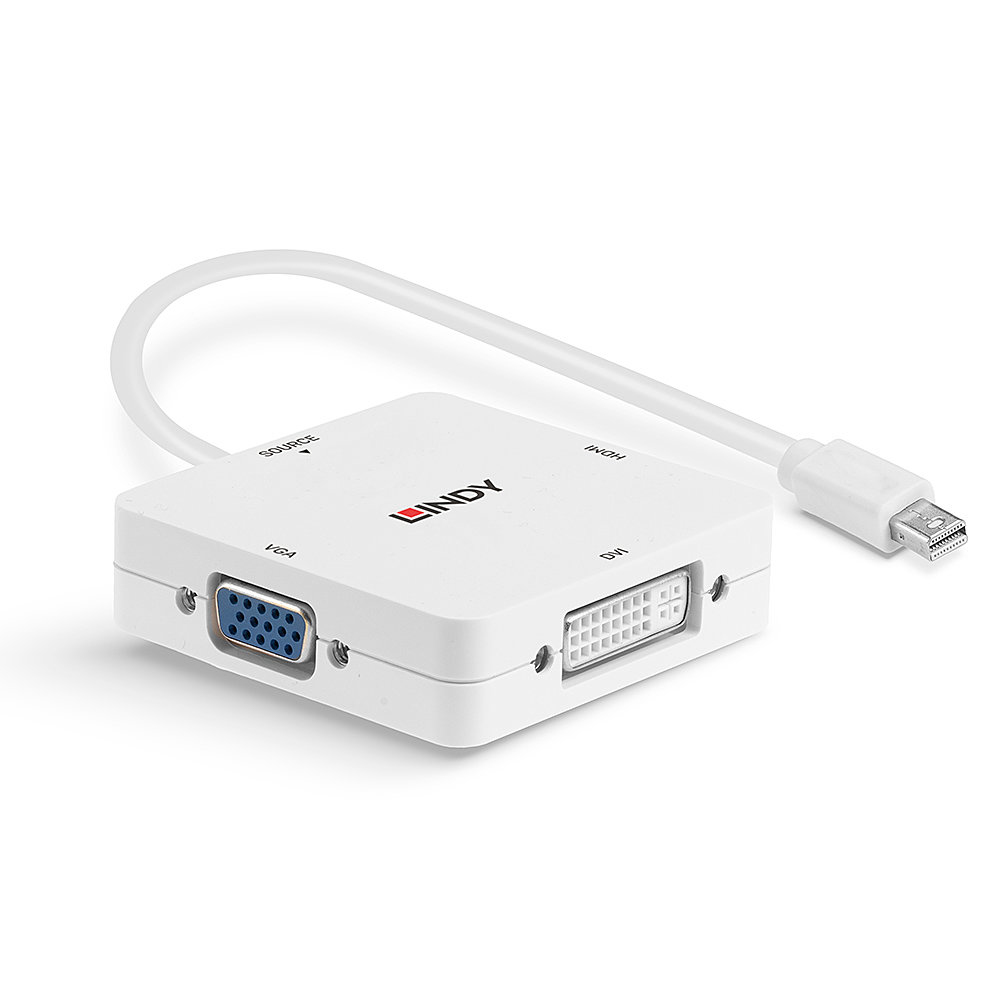 Un adattatore bianco con porte VGA, DVI e HDMI. È collegato a un cavo mini-display port.