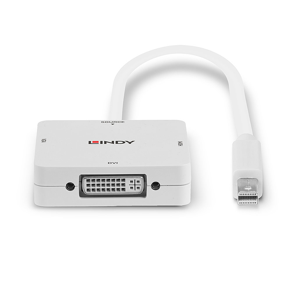 Un adattatore bianco con porte VGA, DVI e HDMI. È collegato a un cavo mini-display port.