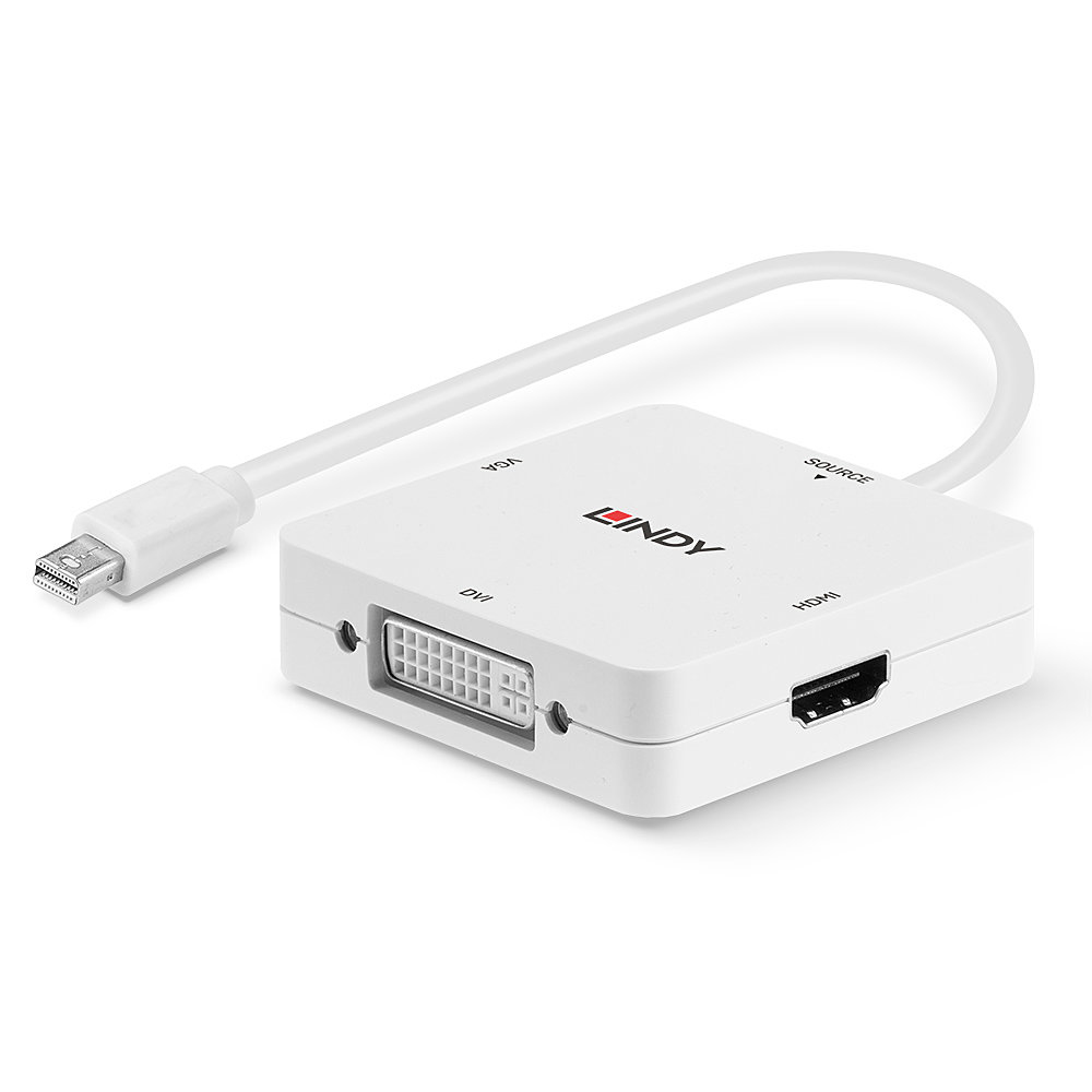 Adattatore bianco con porte DVI, HDMI e VGA. Cavo bianco, sfondo bianco.