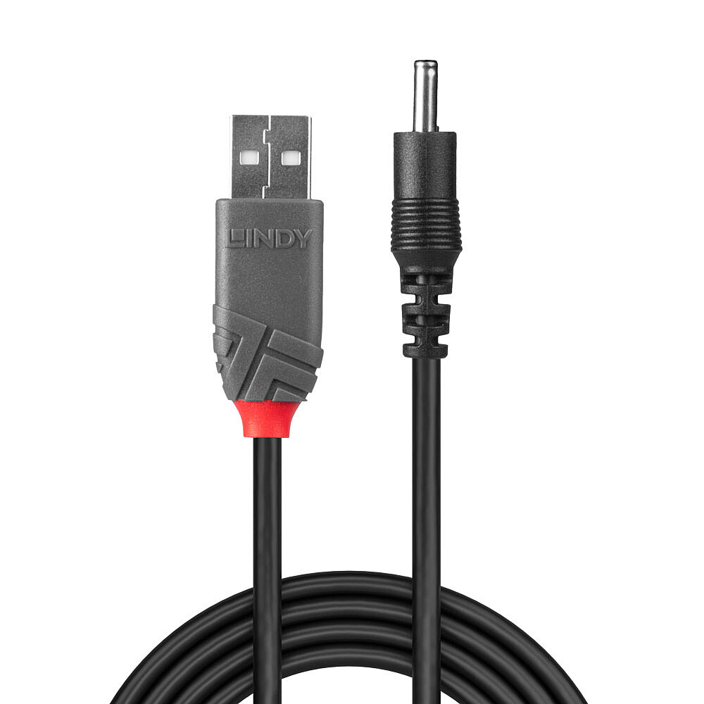 Un cavo nero con un connettore USB e un connettore CC con un dettaglio rosso sul lato USB.