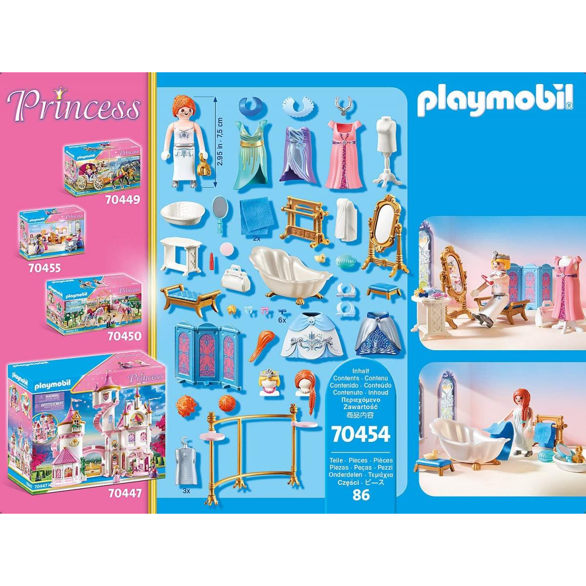 Set Playmobil Principessa con scatole dei prodotti e accessori. Include personaggi, vestiti e un castello.
