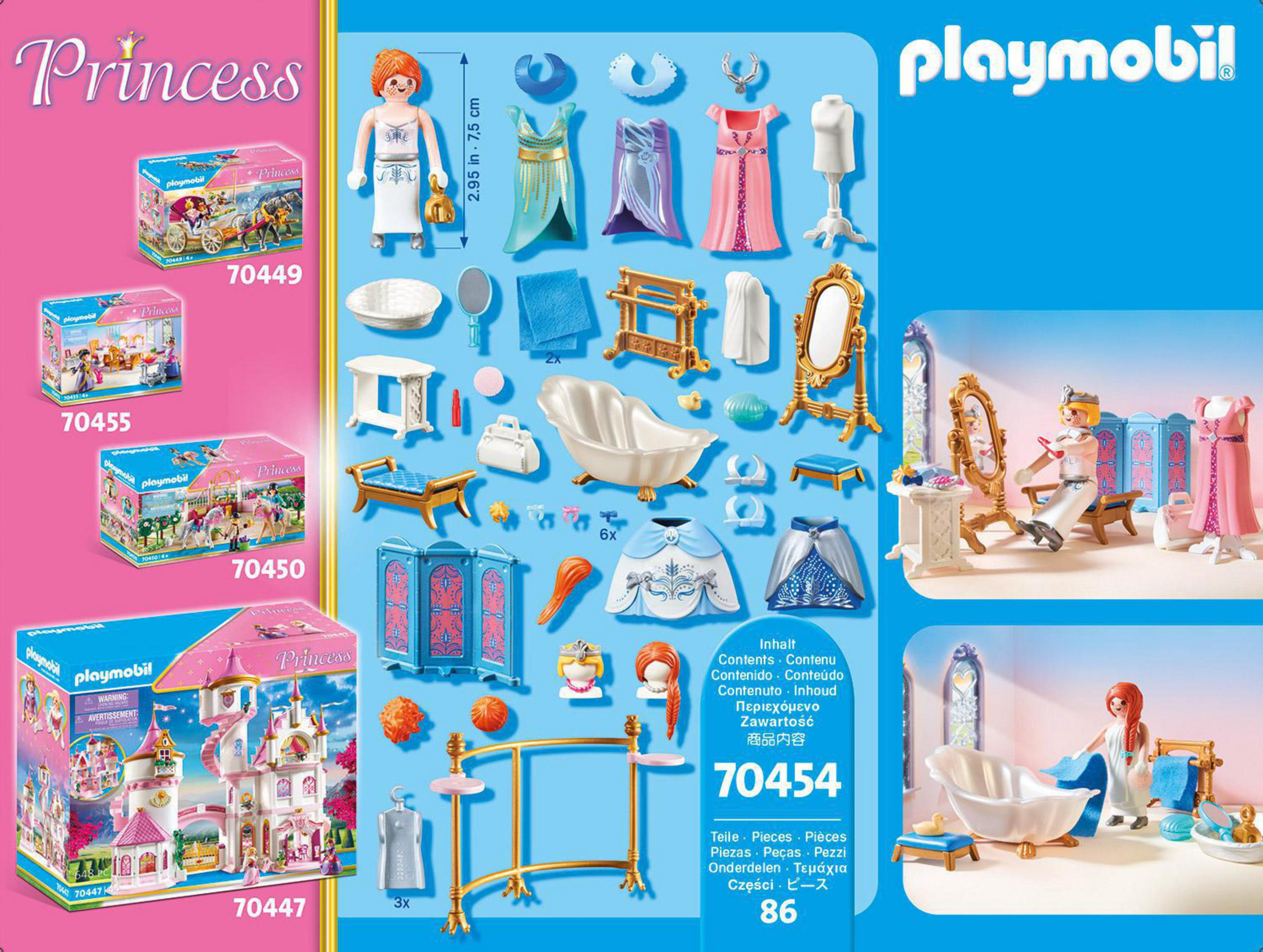 Przegląd zestawu Playmobil Princess, pokazujący różne elementy, w tym księżniczkę i meble.