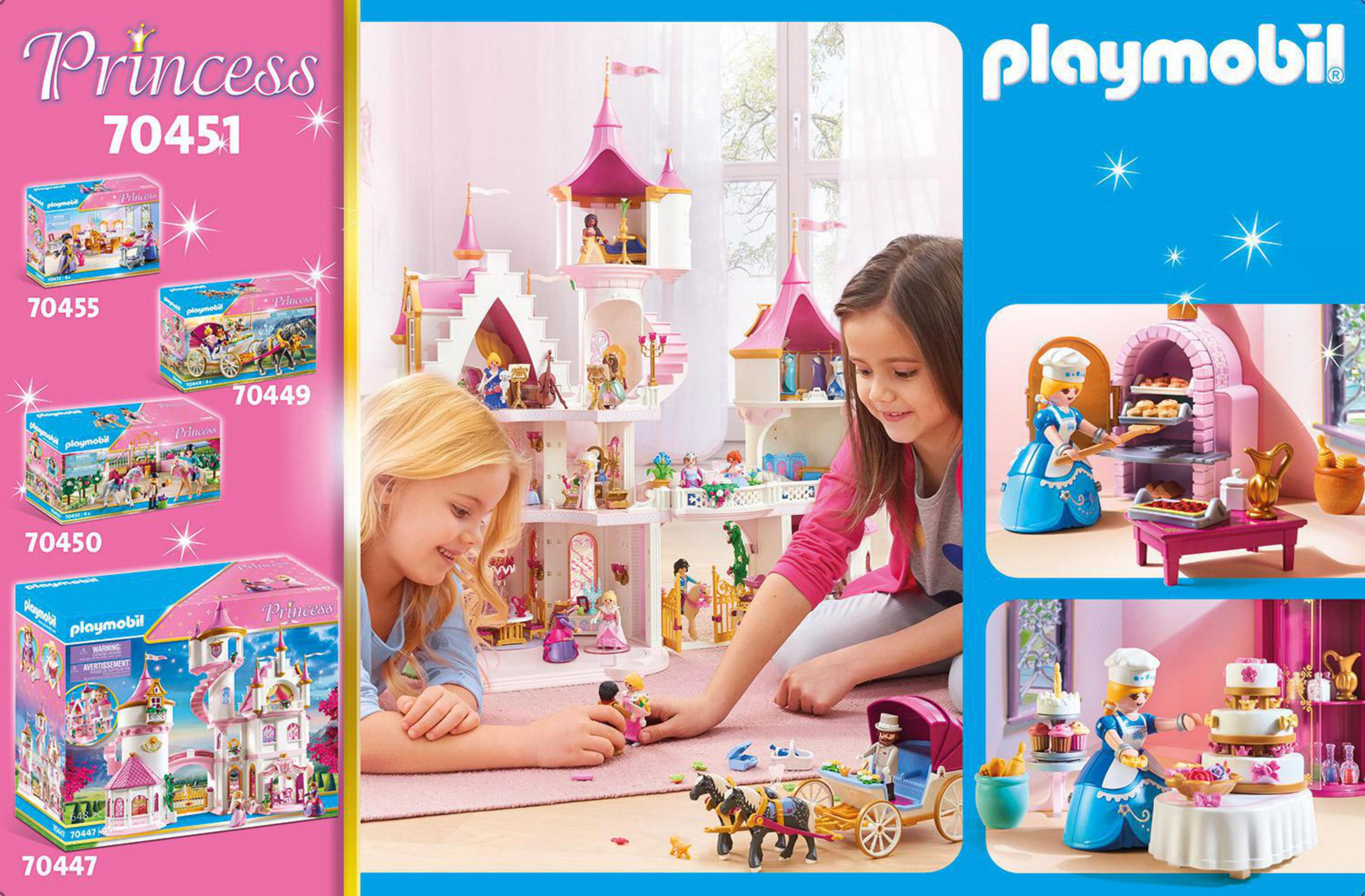 Set de Princesas Playmobil con dos niñas, castillo, figuras y cajas de productos. Incluye varios sets.
