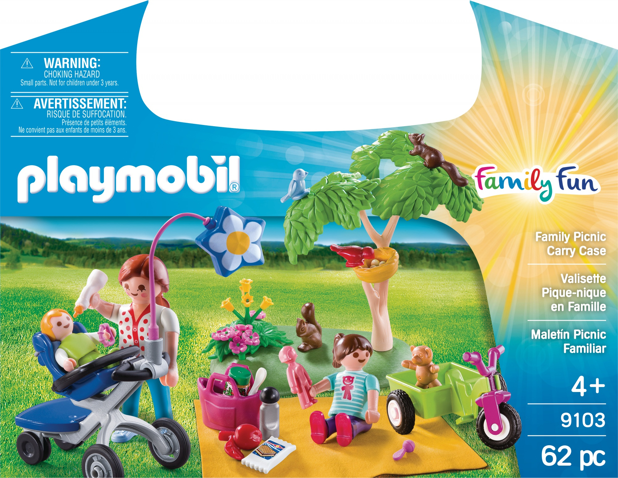 Scatola del set da picnic Playmobil Family Fun. Mostra una famiglia che gioca all'aperto con un cestino da picnic e giocattoli.