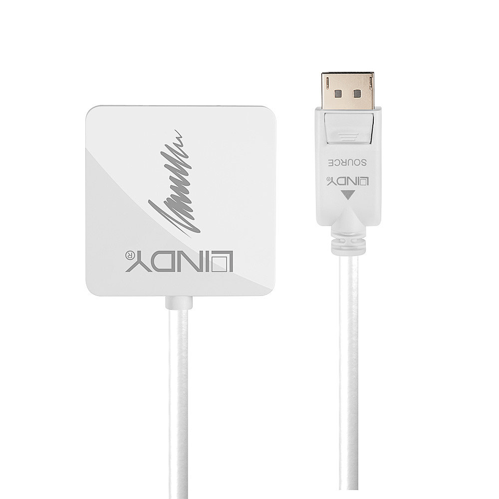 Un adattatore Lindy bianco con connettore DisplayPort e DVI-D, collegato da un cavo bianco, vista dall'alto.
