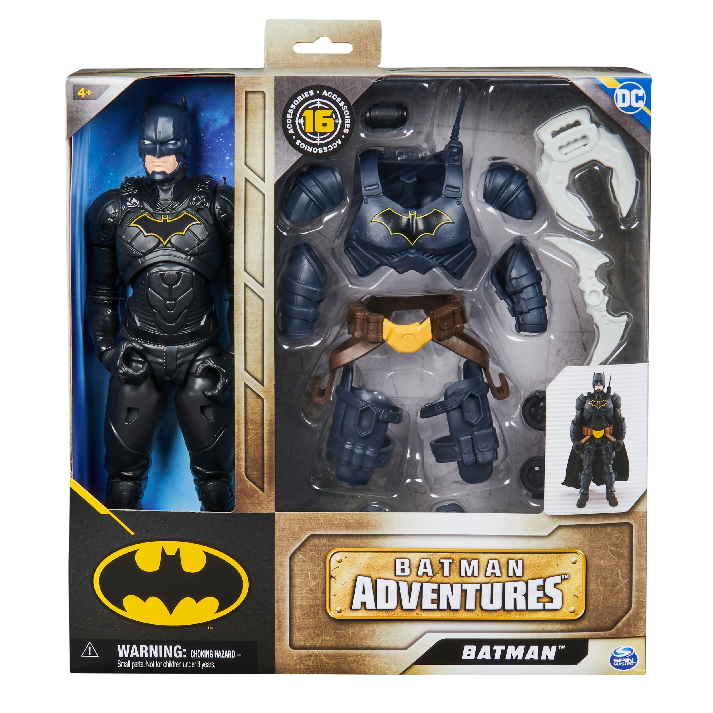 Juego de juguetes Batman Adventures en una caja. La caja muestra la figura de Batman, accesorios y un gráfico de Batman.