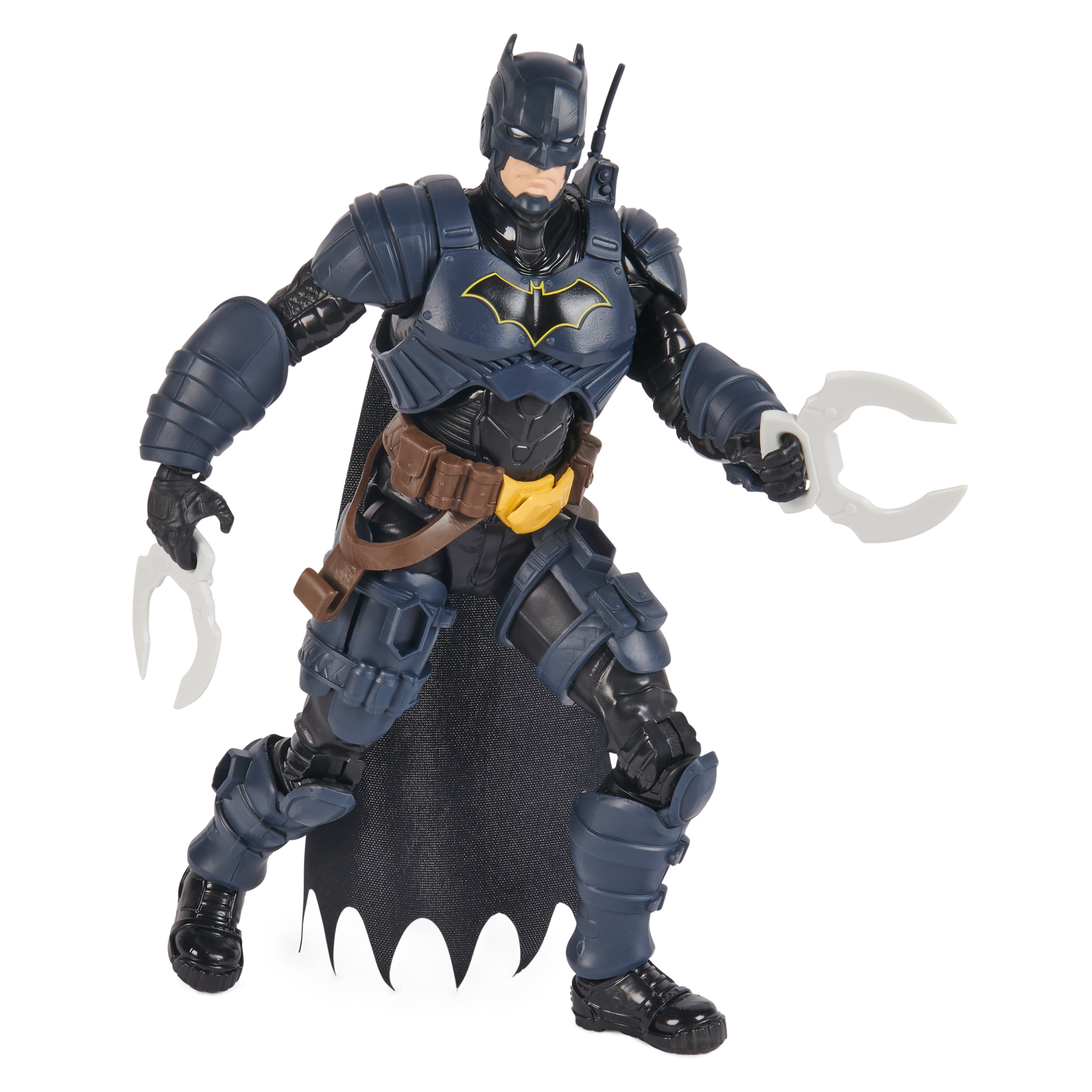 Figura de acción de Batman con armadura azul oscuro, Batarangs y capa.