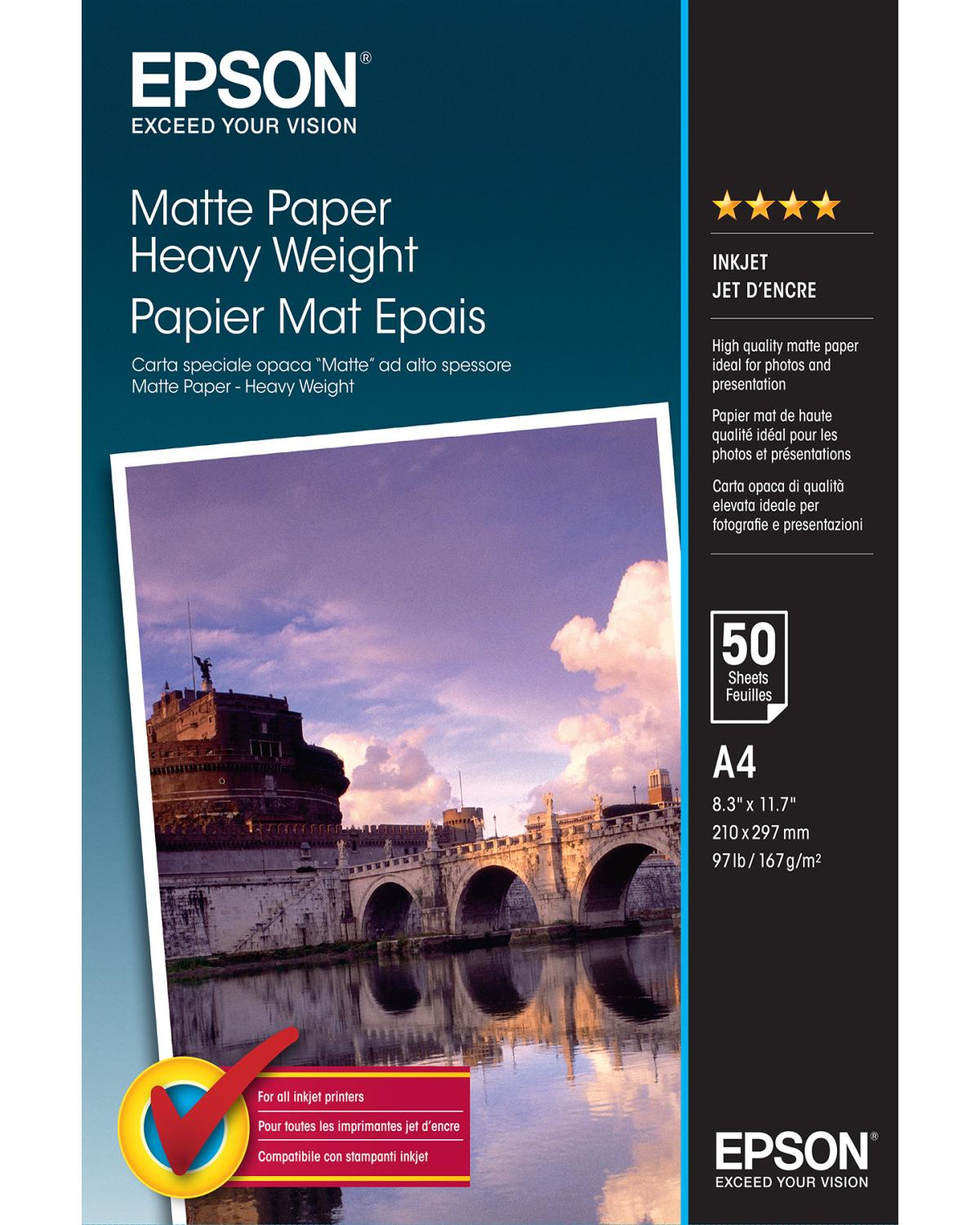 Confezione di carta opaca Epson con immagine di un ponte e testo sulla qualità di stampa.
