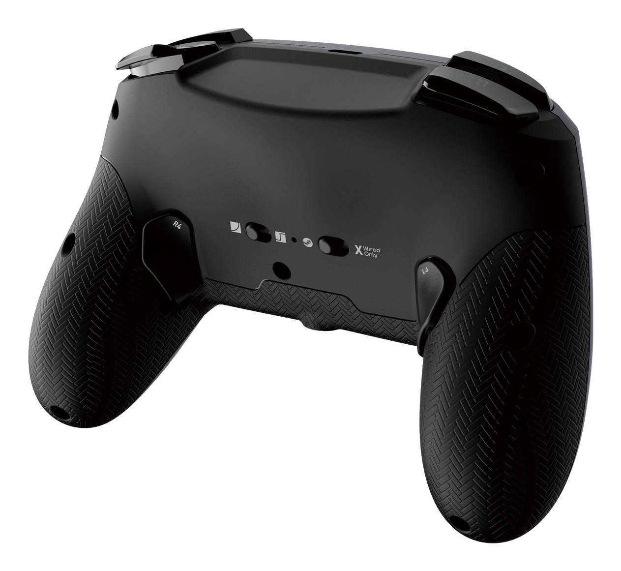 Tył czarnego kontrolera do gier. Posiada teksturowane uchwyty i przyciski L4 i R4.