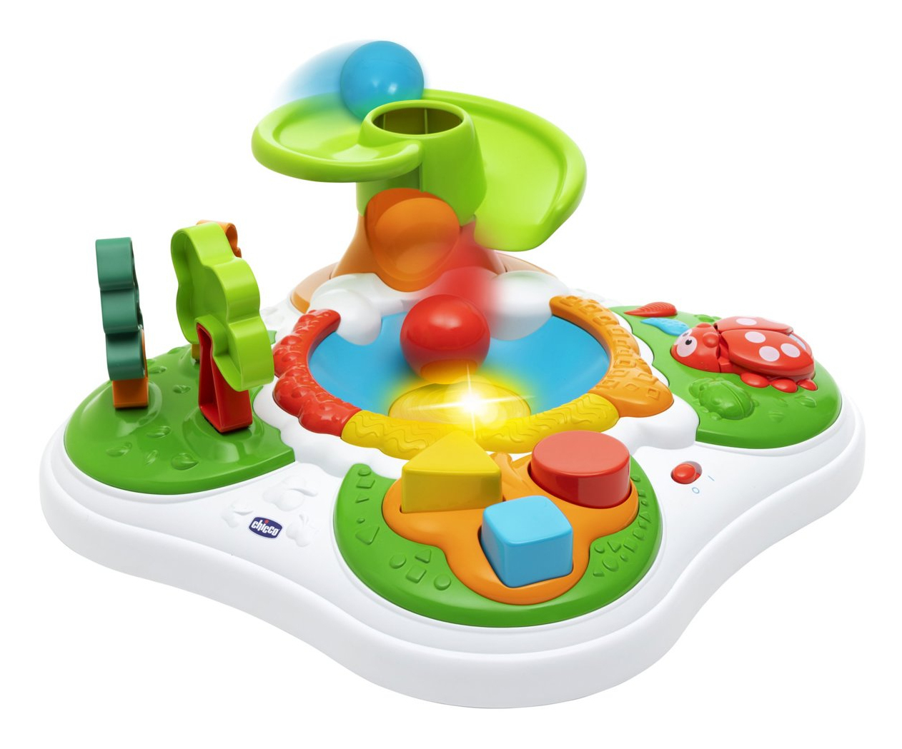 Zabawka dla dziecka ze zjeżdżalnią, kulkami, kształtami i czerwoną biedronką.