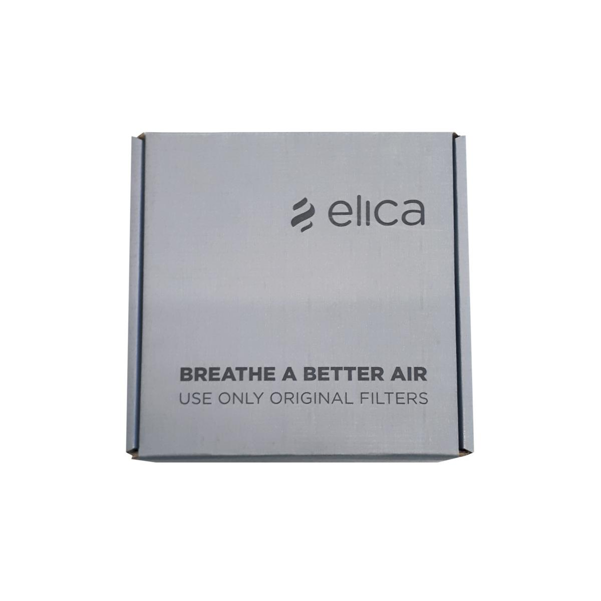 Una scatola grigia Elica con testo: Respira aria migliore. Usa solo filtri originali.