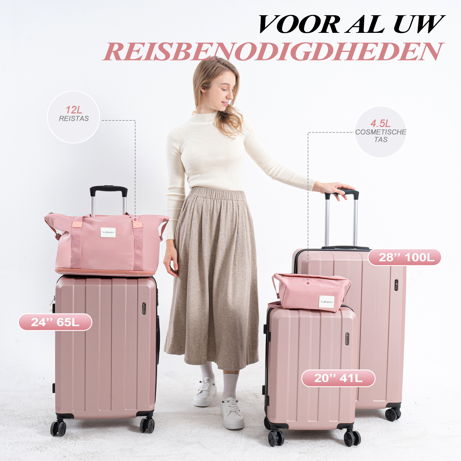 Woman with suitcases and bags. Text indicates the various suitcase sizes available.