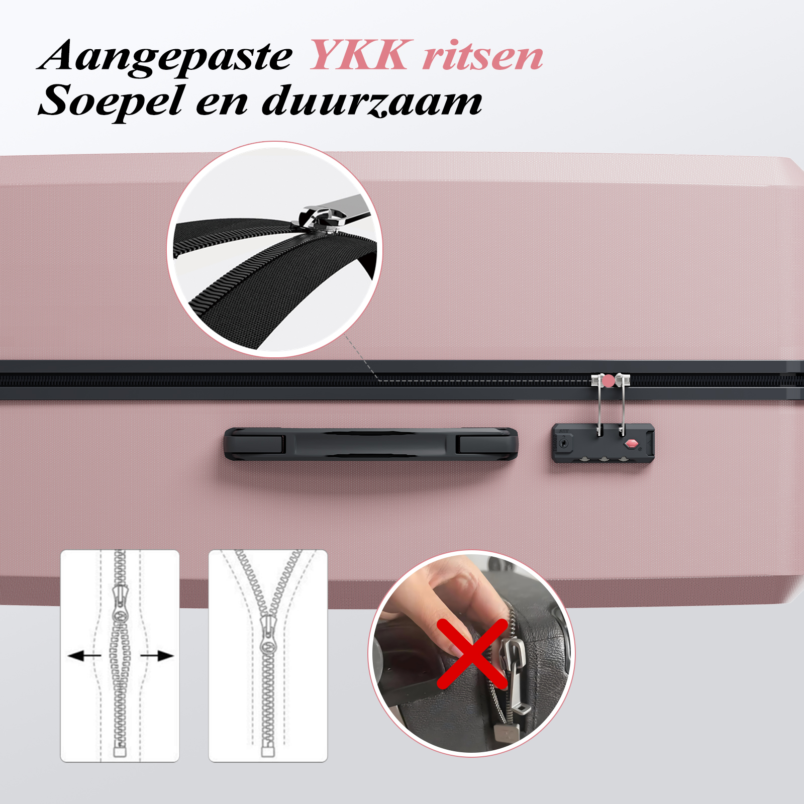A pink suitcase with zippers and a lock. Close-up shots show the zippers and how they work.