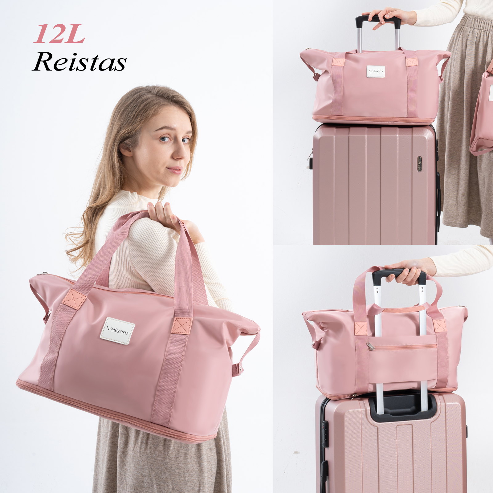 Woman holding a pink travel bag, with additional pink suitcases. Different angles shown.
