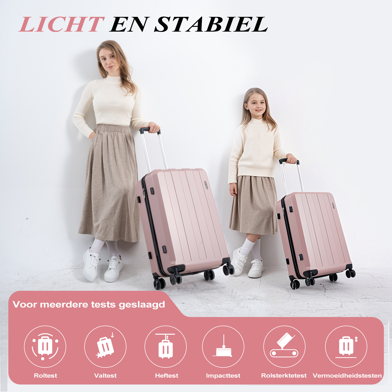 Two women with pink suitcases and text showing tests the suitcases have passed.