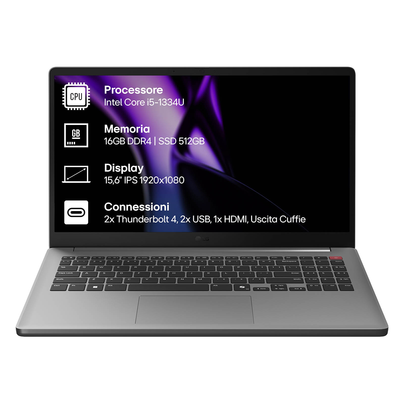 Un laptop con corpo argentato e schermo nero. Vengono visualizzate informazioni sul laptop.