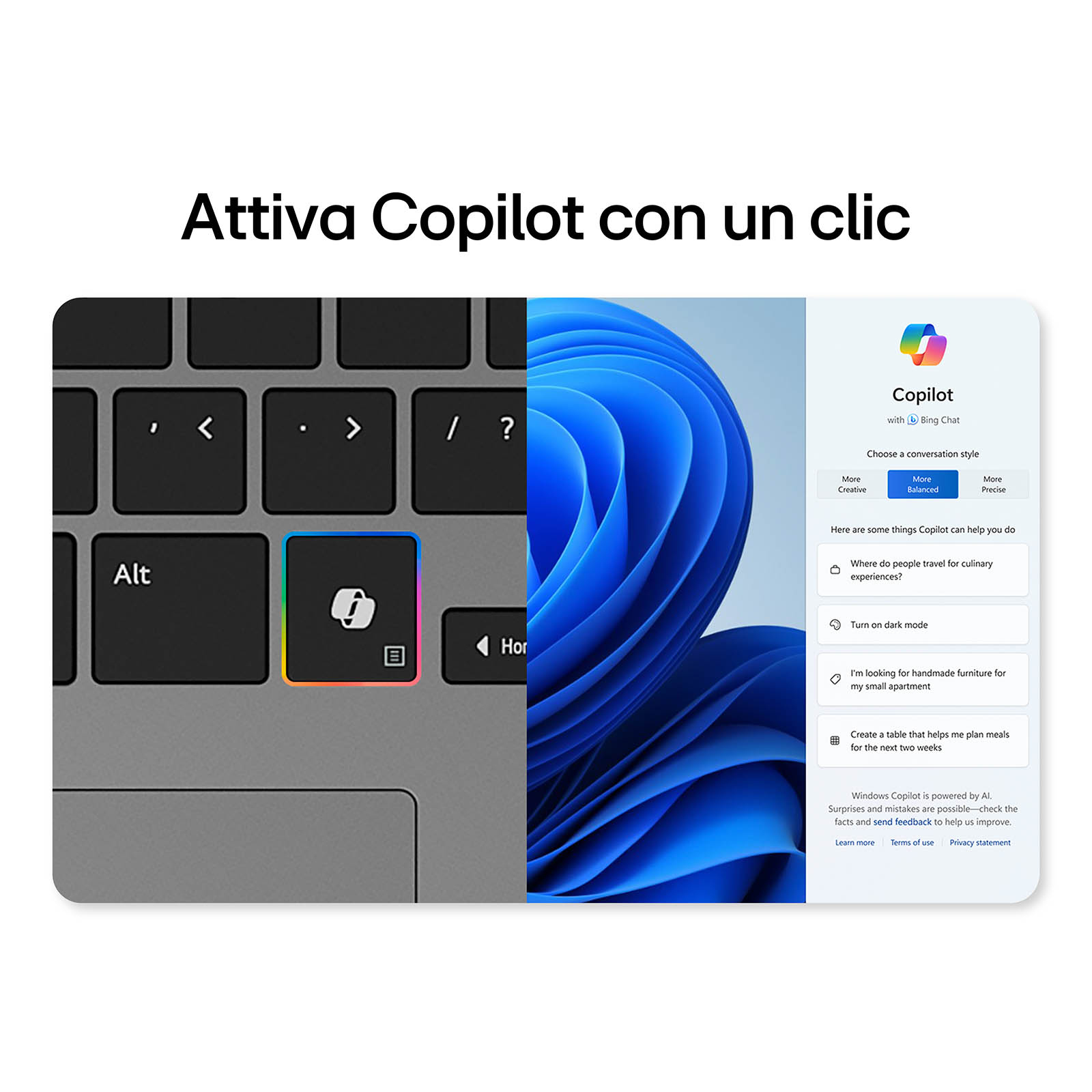 Una tastiera con la funzione Copilot. C'è uno schermo che mostra le opzioni di Copilot.
