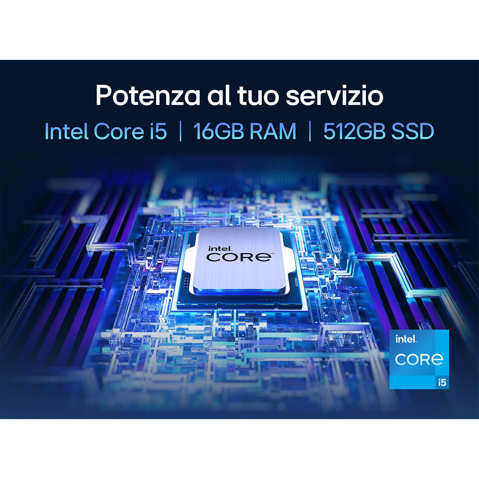 Un primo piano di un processore con dettagli su Intel Core i5, 16 GB di RAM e 512 GB SSD.