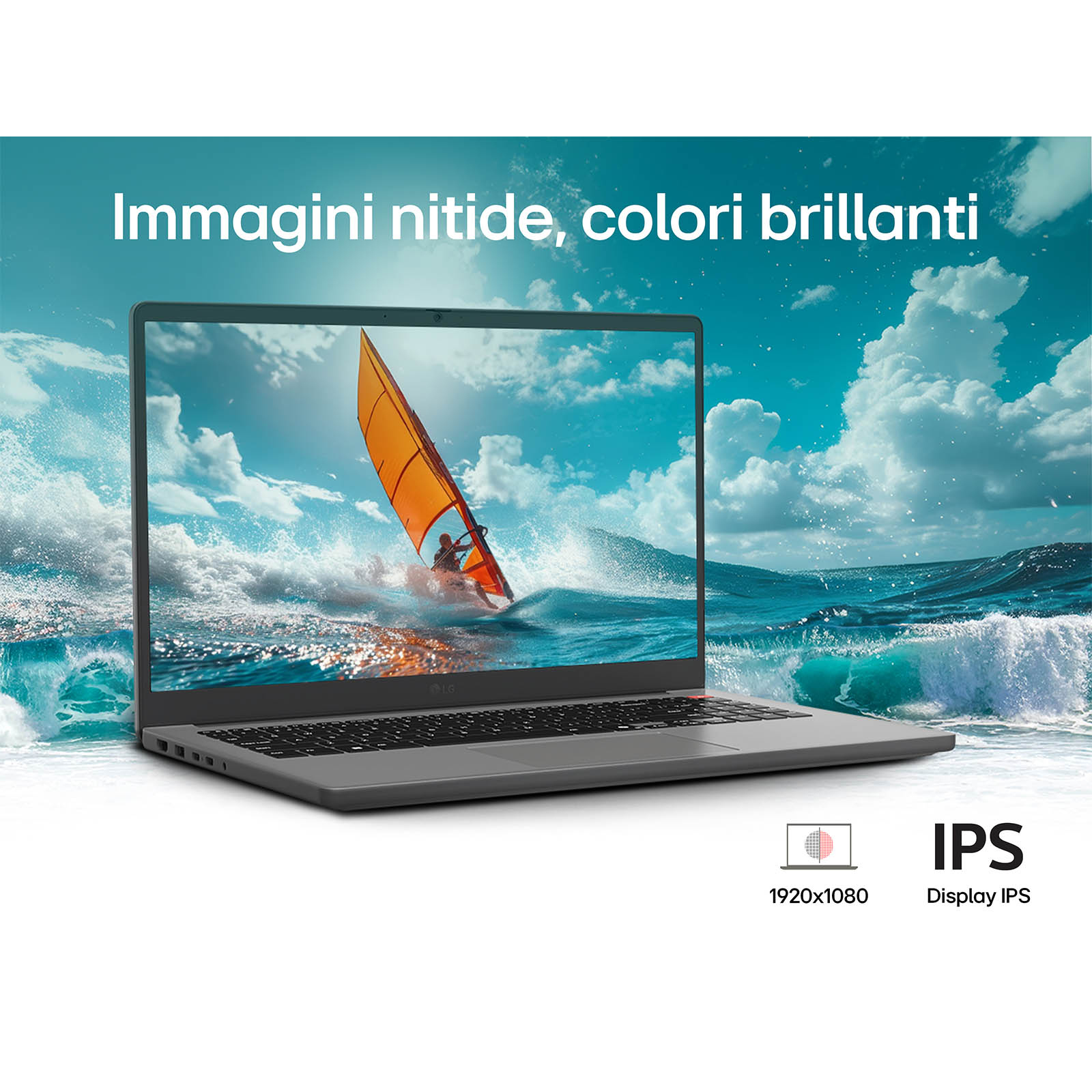 Laptop che mostra un paesaggio marino con un surfista. Il testo dice 'immagini nitide, colori brillanti'.