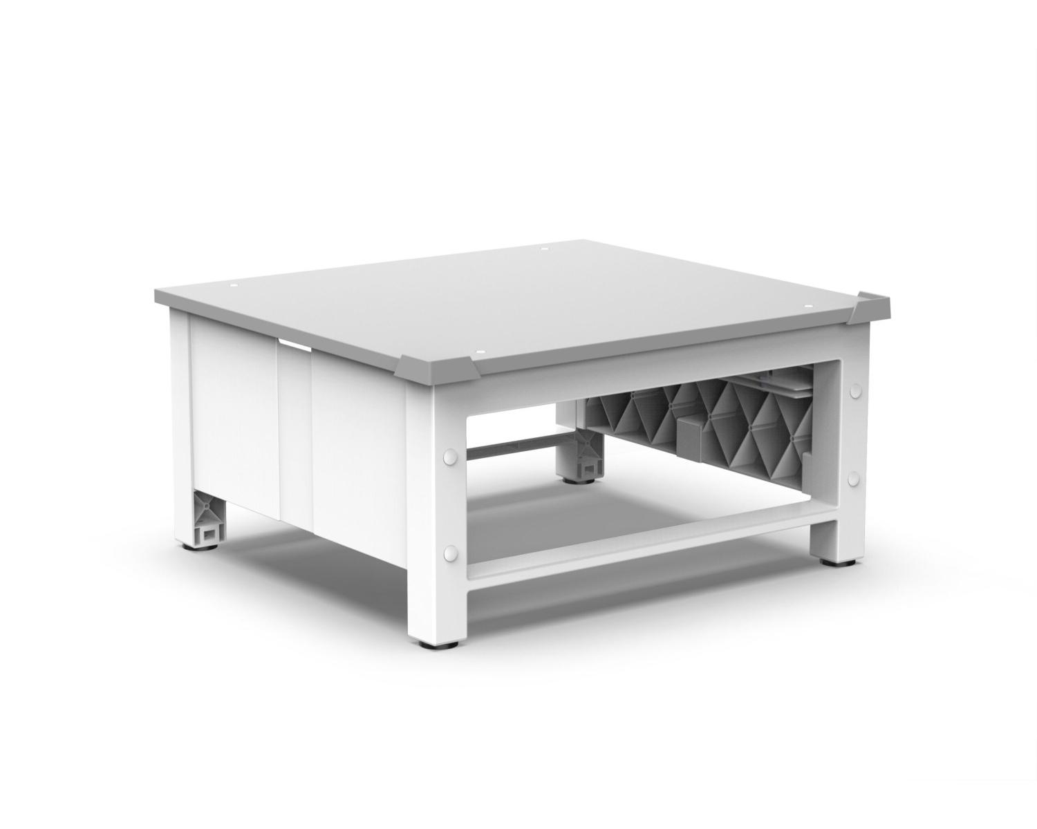 Biały kwadratowy stół z unikalnym, otwartym designem pod blatem.