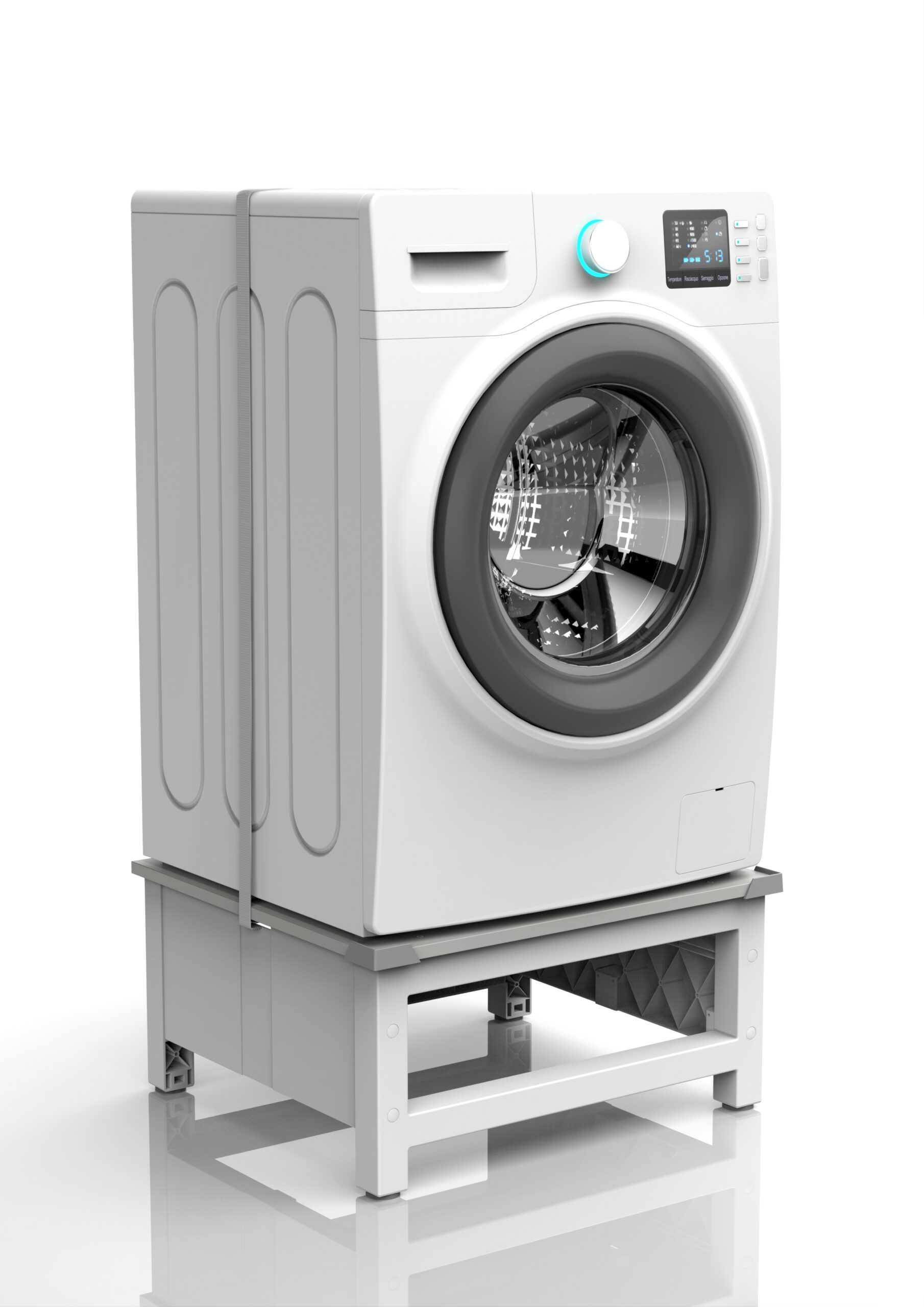 Biała pralka na stojaku, na białym tle.