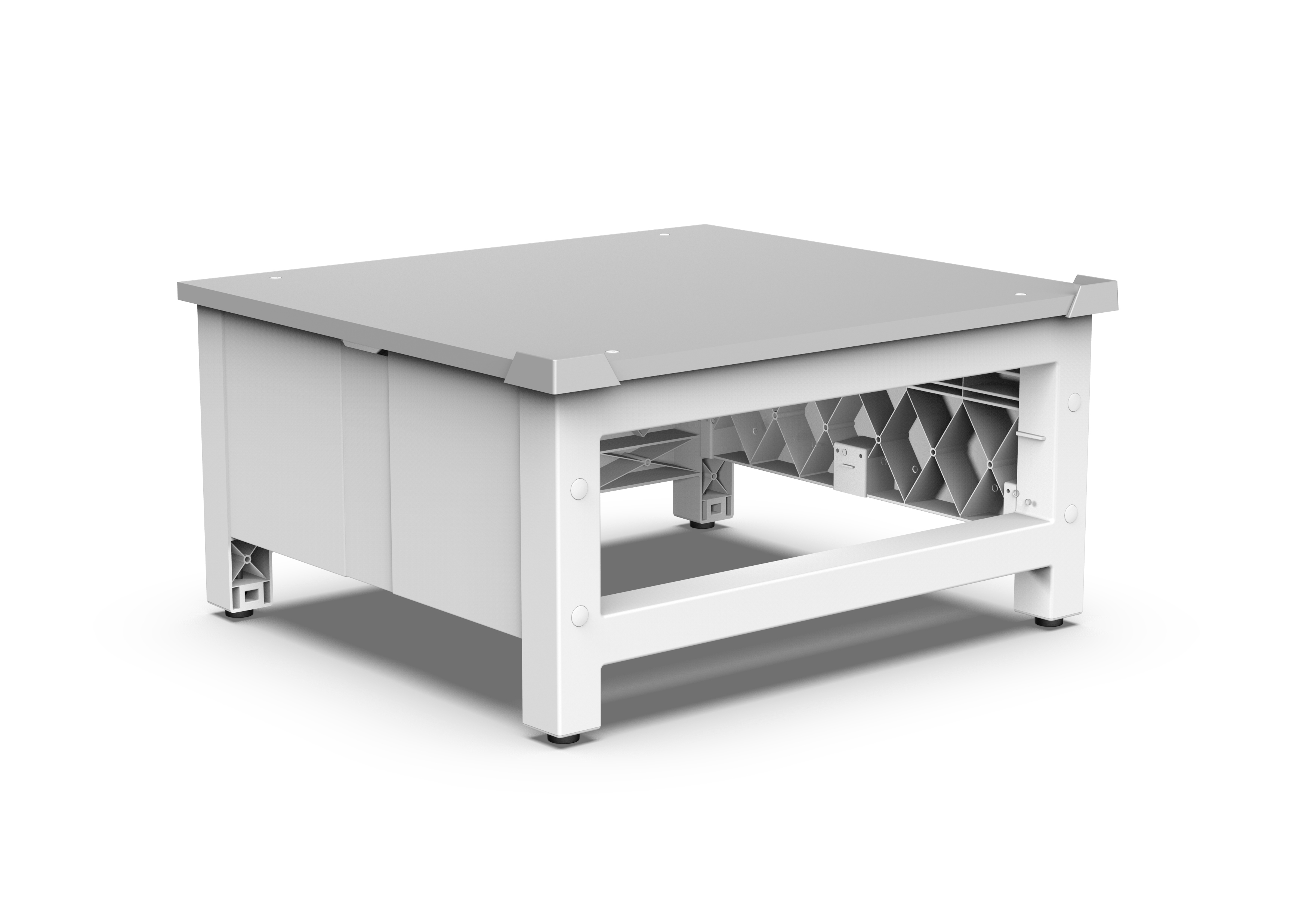 Biały prostokątny stojak z wycięciami na białej powierzchni.