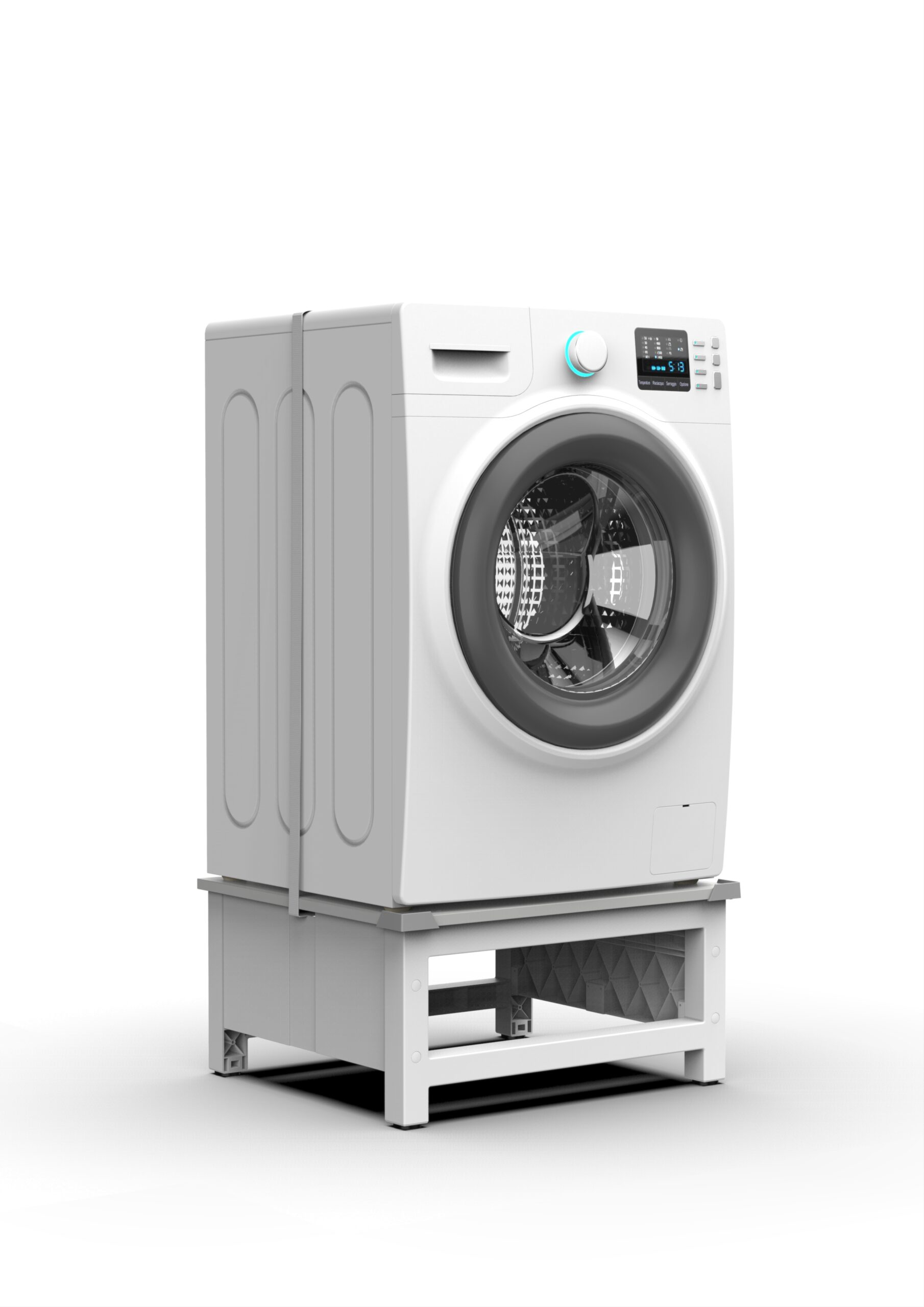 Biała pralka na stojaku, z białym tłem.