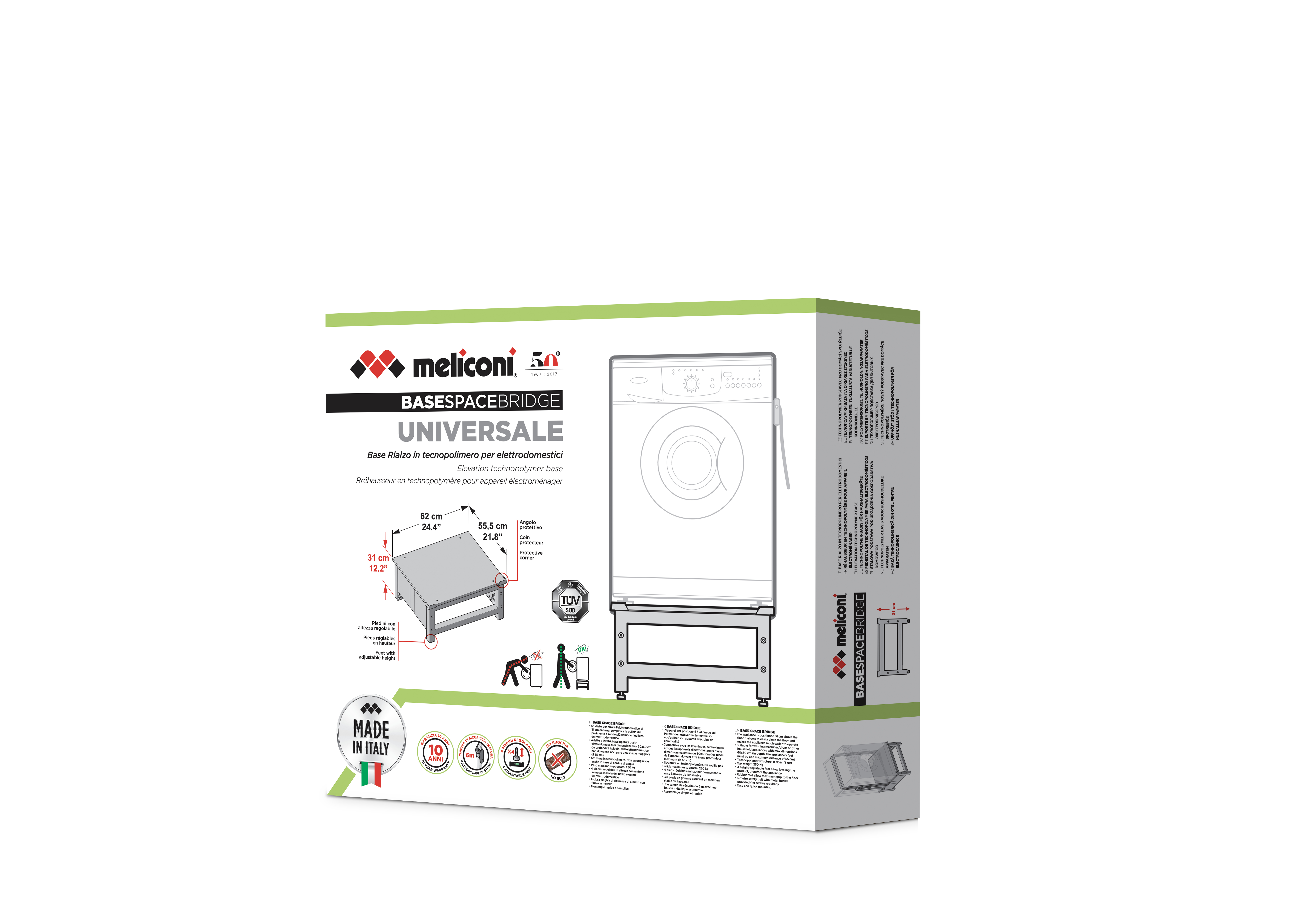 Pudełko z rysunkiem pralki i stojaka. Tekst: BASESPACEBRIDGE UNIVERSALE.