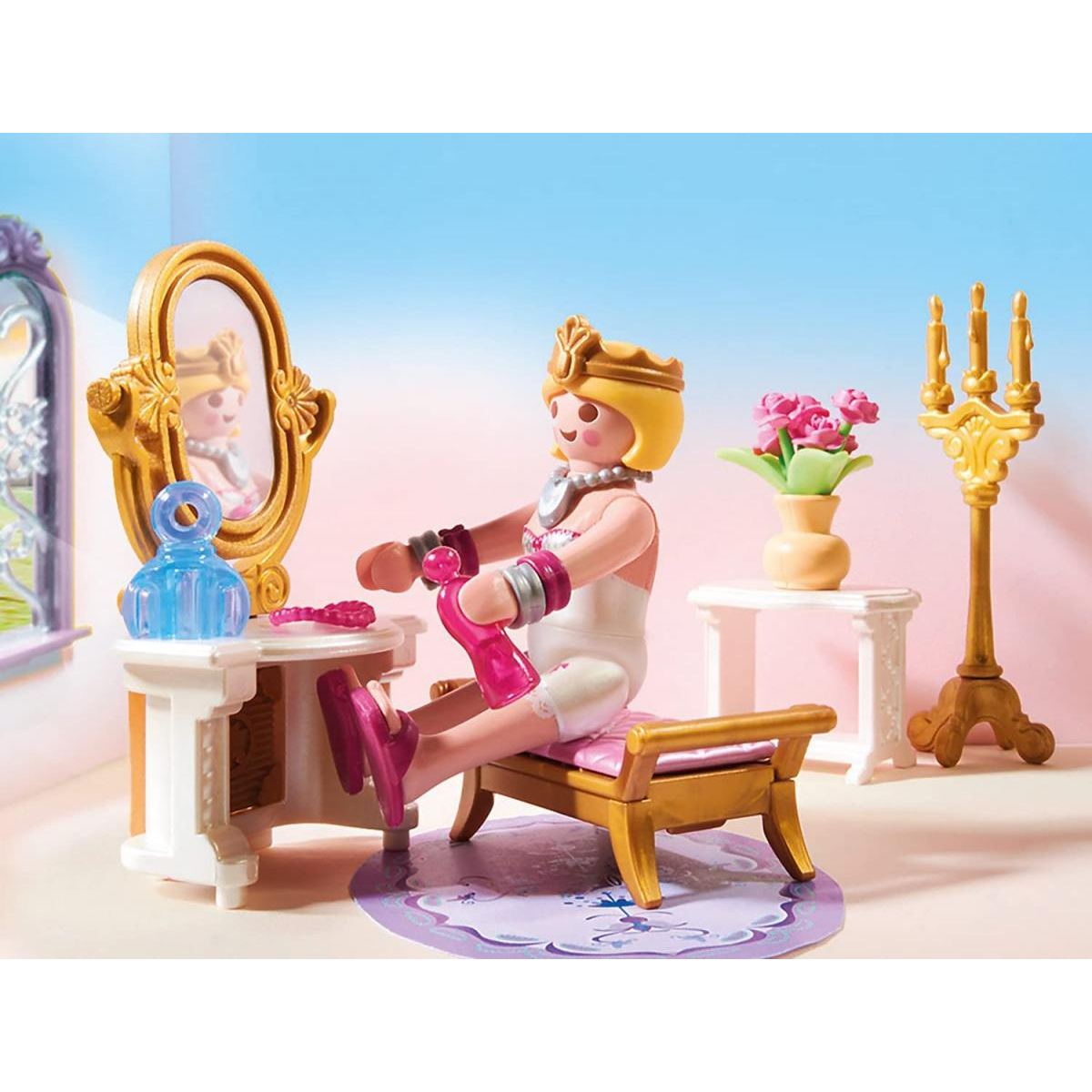 Scena della principessa Playmobil: una principessa a un tavolo da trucco, uno specchio e un vaso con fiori.