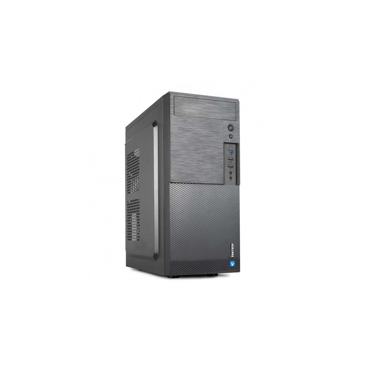 Un case per computer nero con un pannello frontale strutturato. Si trova su uno sfondo bianco.