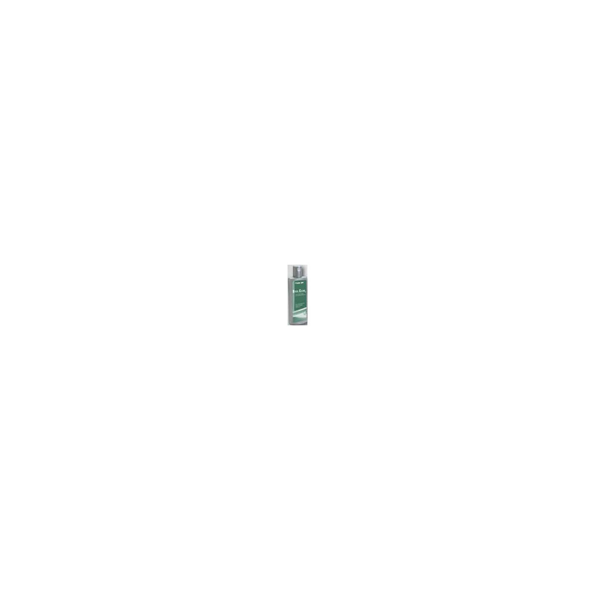 Una piccola bottiglia verde su sfondo bianco. Contiene un liquido, probabilmente un detergente.