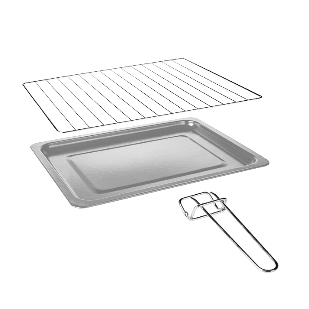 Ruszt do piekarnika, blacha do pieczenia i uchwyt. Wszystko srebrne na białym tle.