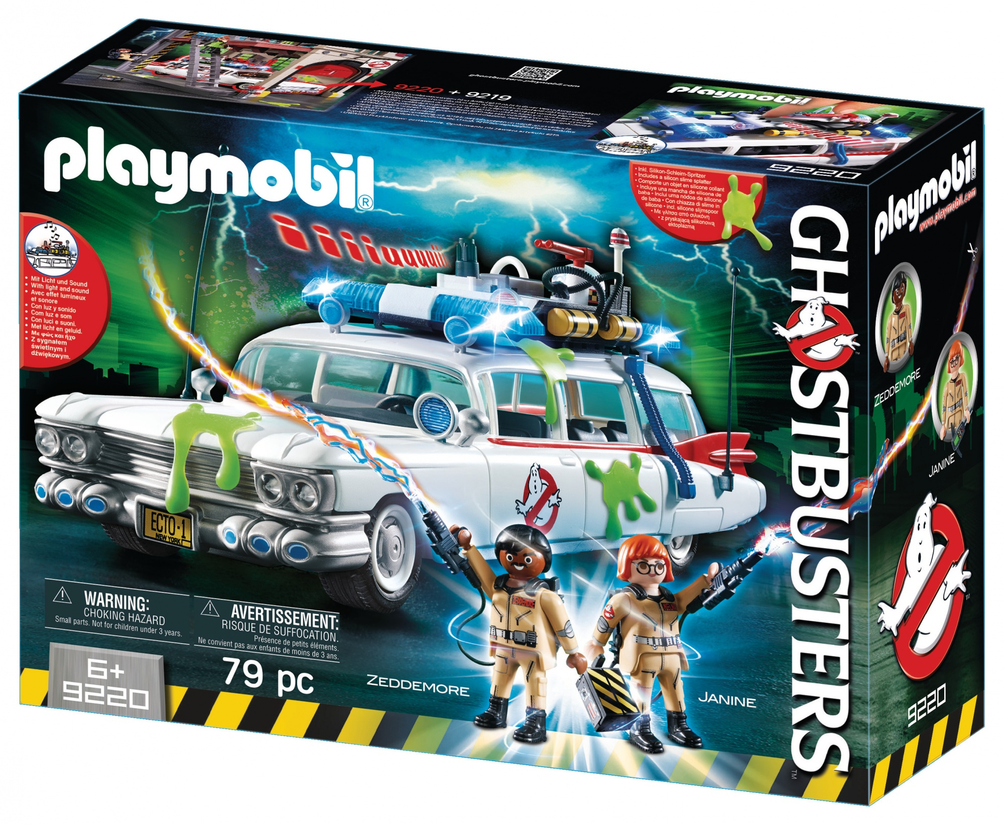 Pudełko Playmobil Ghostbusters. Zawiera samochód Ecto-1 z postaciami Zeddemore i Janine. Zielone tło z błyskawicami.