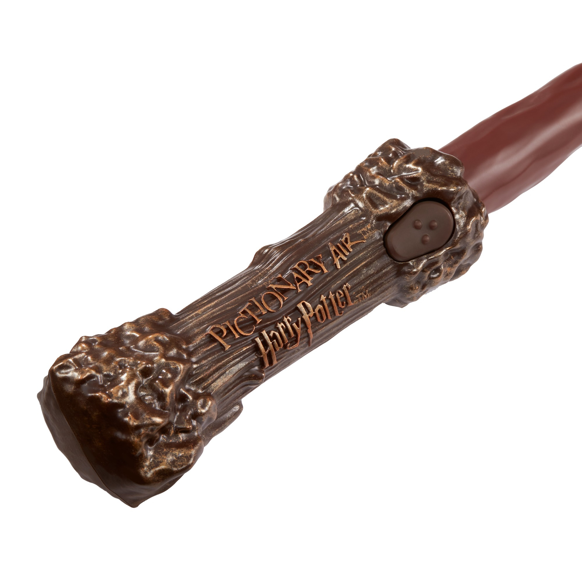 Brązowa różdżka Harry Potter Pictionary Air na białym tle, zbliżenie.