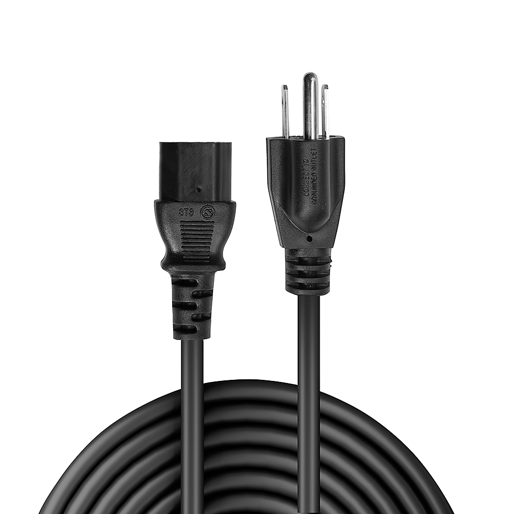 Cable eléctrico negro con enchufe y enchufe hembra. El cable está enrollado.