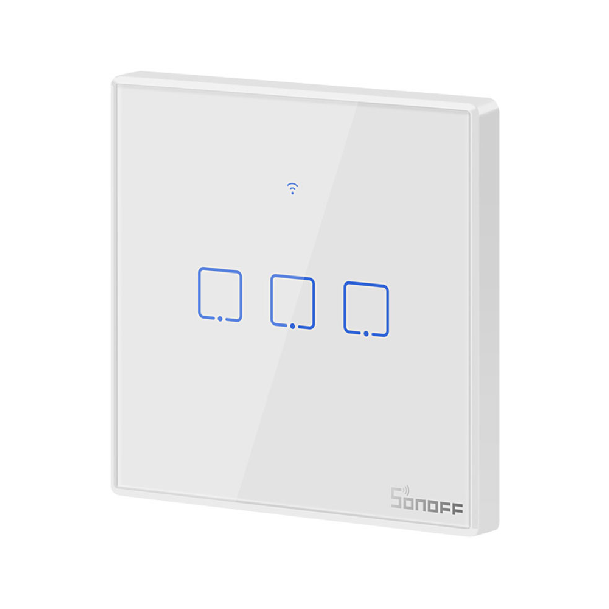 Biały inteligentny włącznik światła z trzema przyciskami, symbolem wifi i logo SONOFF.