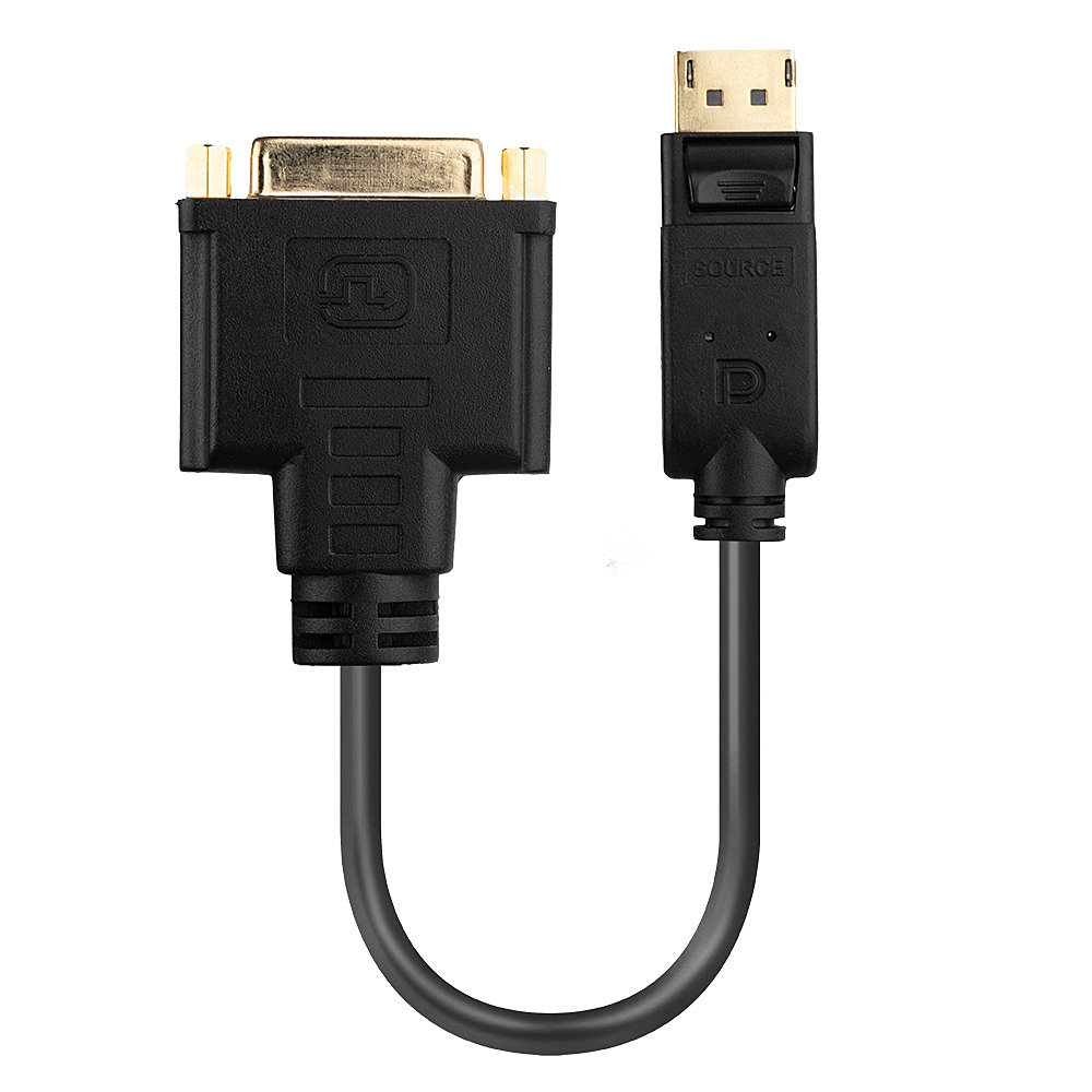 Un cavo adattatore da DVI a DisplayPort nero, isolato su sfondo bianco.