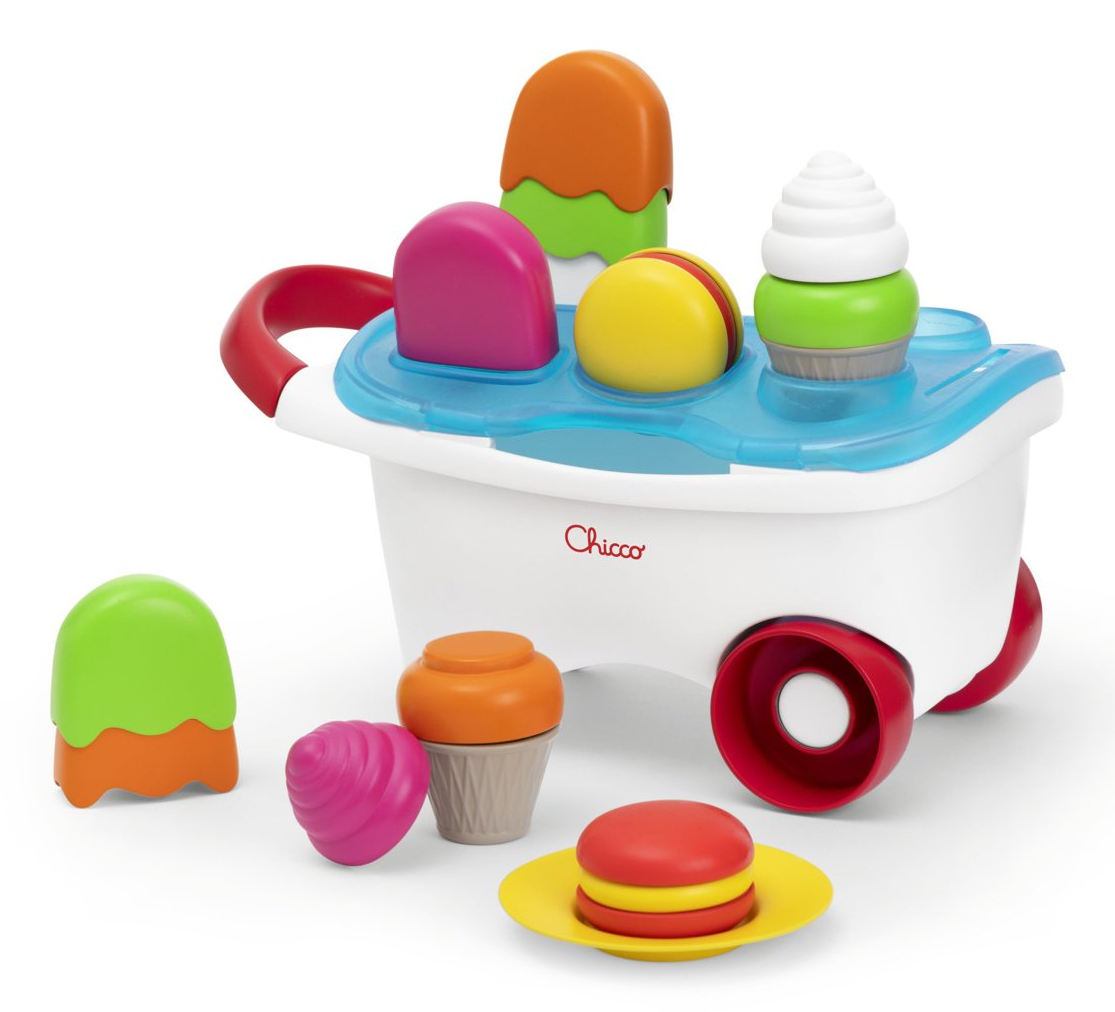 Kolorowy wózek z lodami z zabawkami, z kilkoma zabawkami w postaci lodów i uchwytem.