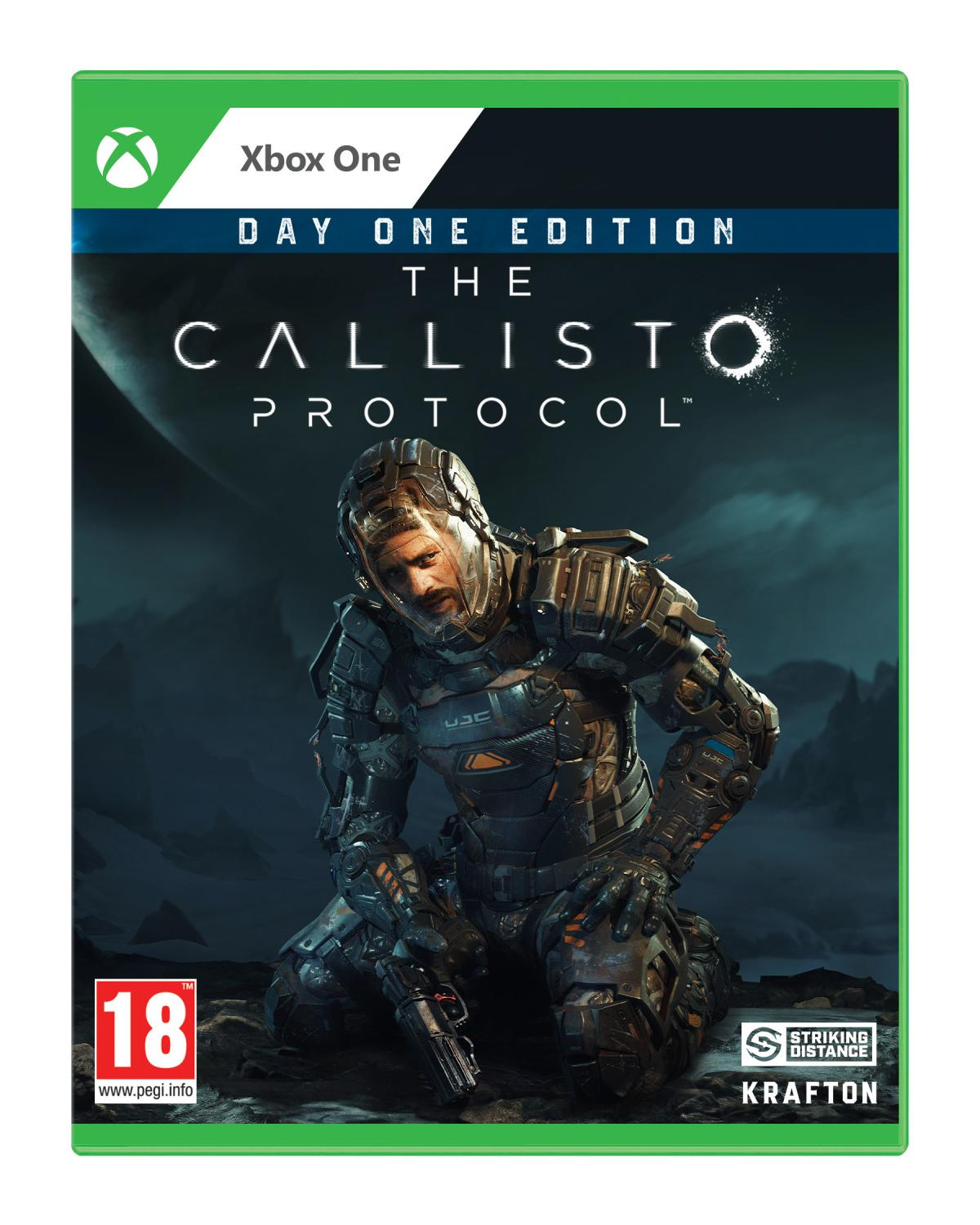 La scatola del gioco The Callisto Protocol, Xbox One Day One Edition, mostra un personaggio fantascientifico e il logo.